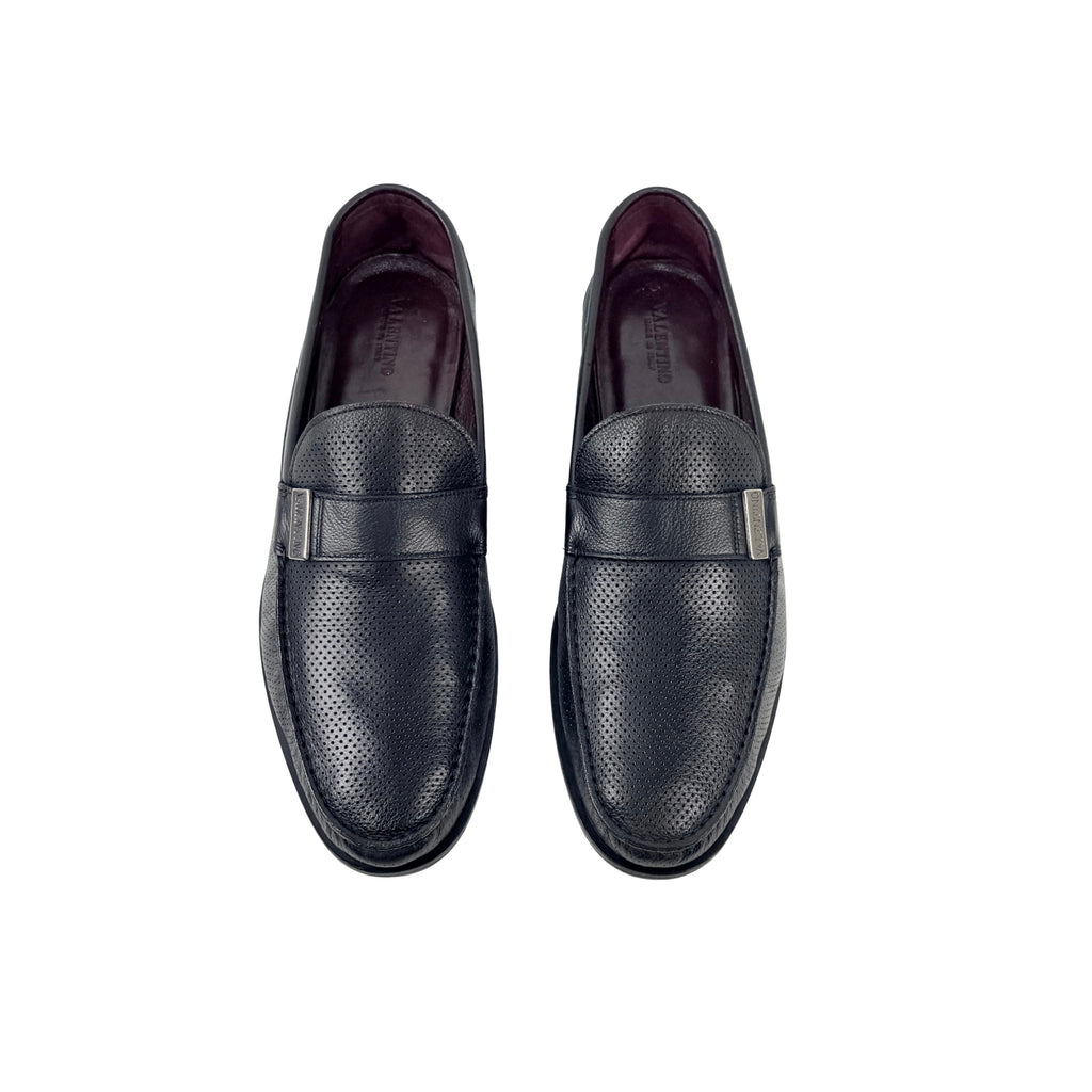 VALENTINO GARAVANI Loafers/Moccasins Perforated Leather With Metallic logo (Size 45)