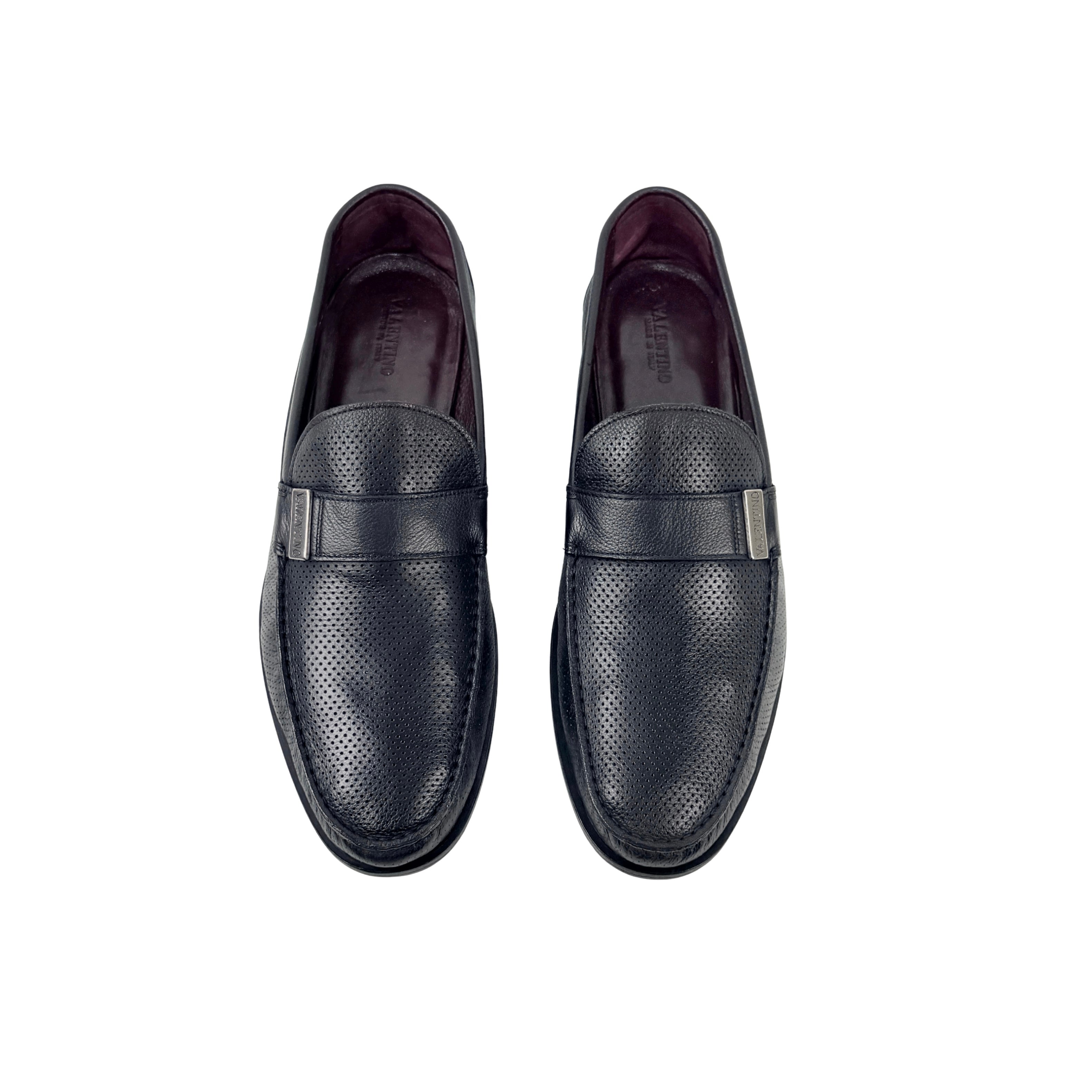 VALENTINO GARAVANI Loafers/Moccasins Perforated Leather With Metallic logo (Size 45)