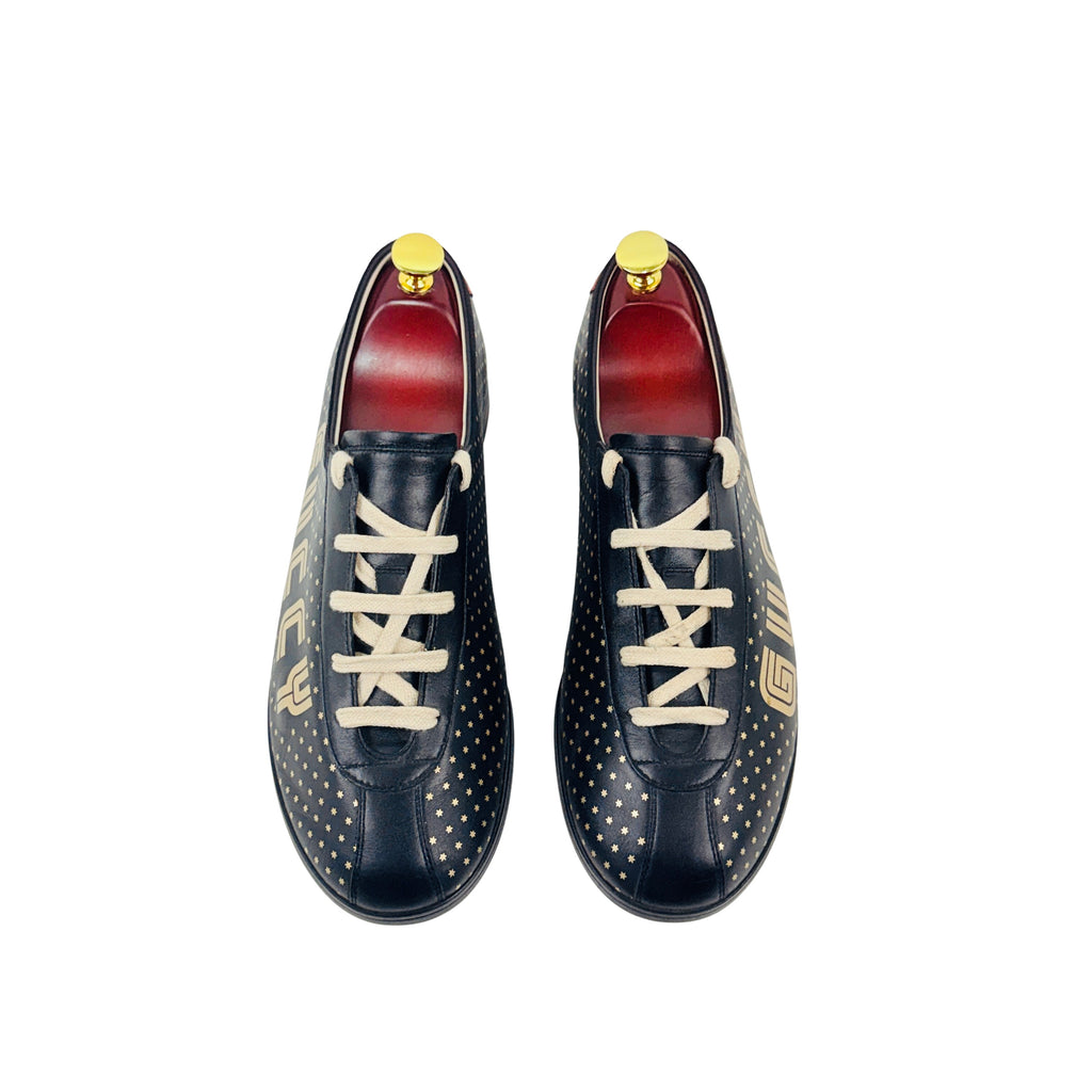 GUCCI Guccy Falacer Gold Star Print Black Leather Sneakers/Lace Up (Size 42)