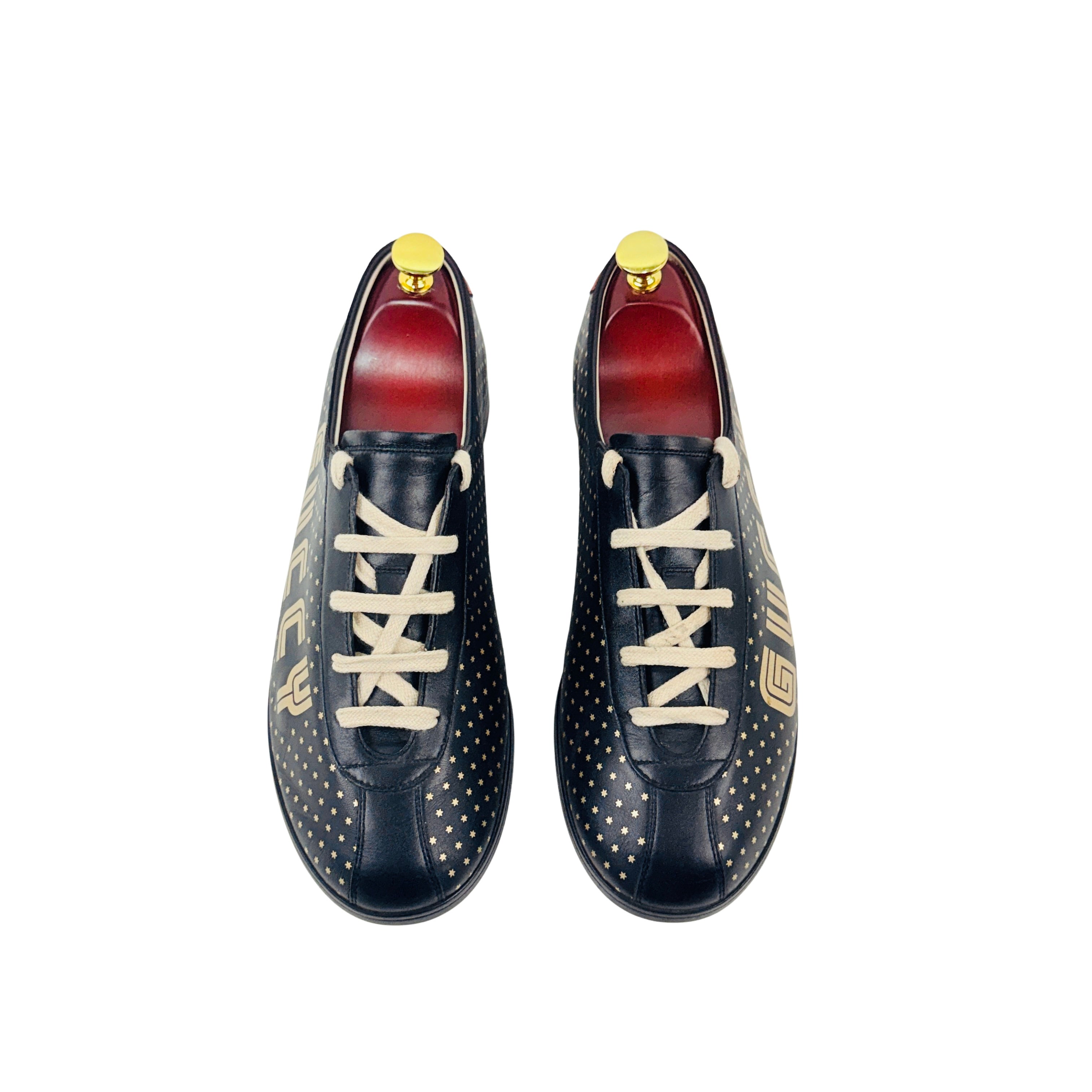 GUCCI Guccy Falacer Gold Star Print Black Leather Sneakers/Lace Up (Size 42)