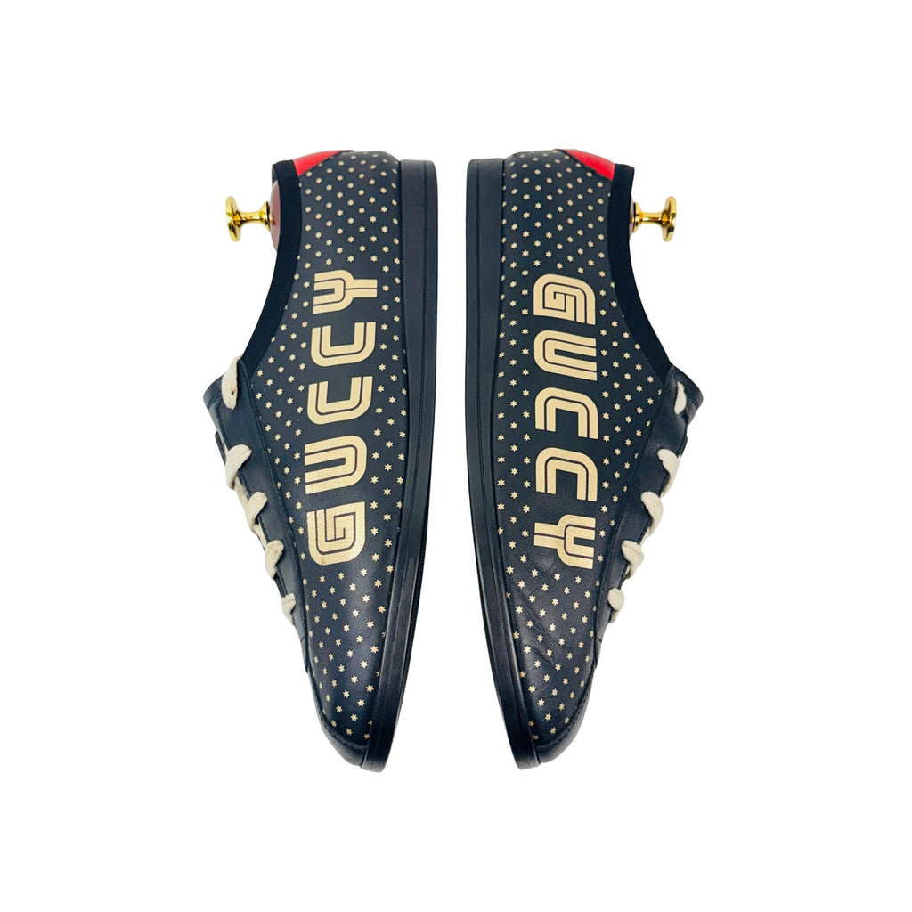 GUCCI Guccy Falacer Gold Star Print Black Leather Sneakers/Lace Up (Size 42)