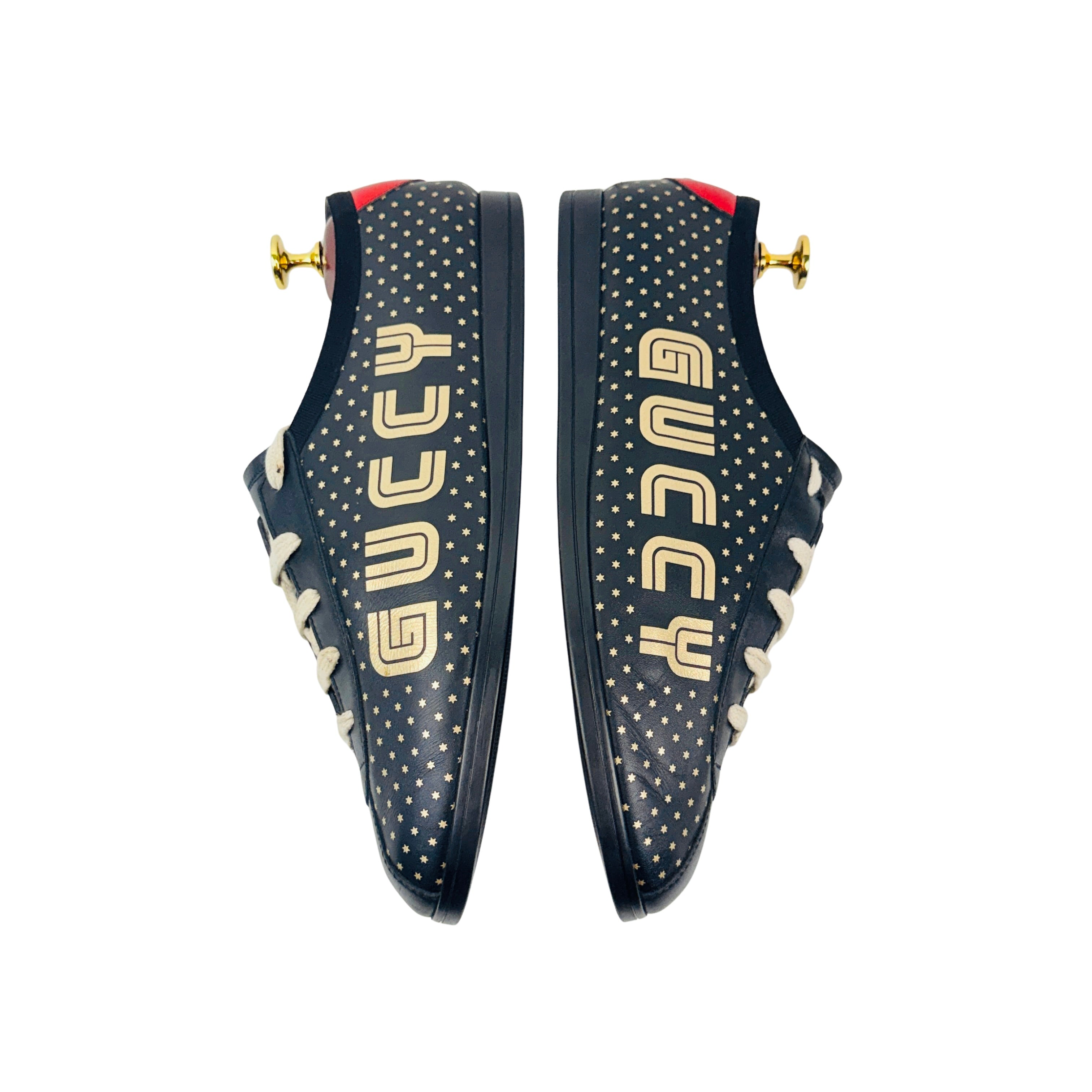GUCCI Guccy Falacer Gold Star Print Black Leather Sneakers/Lace Up (Size 42)