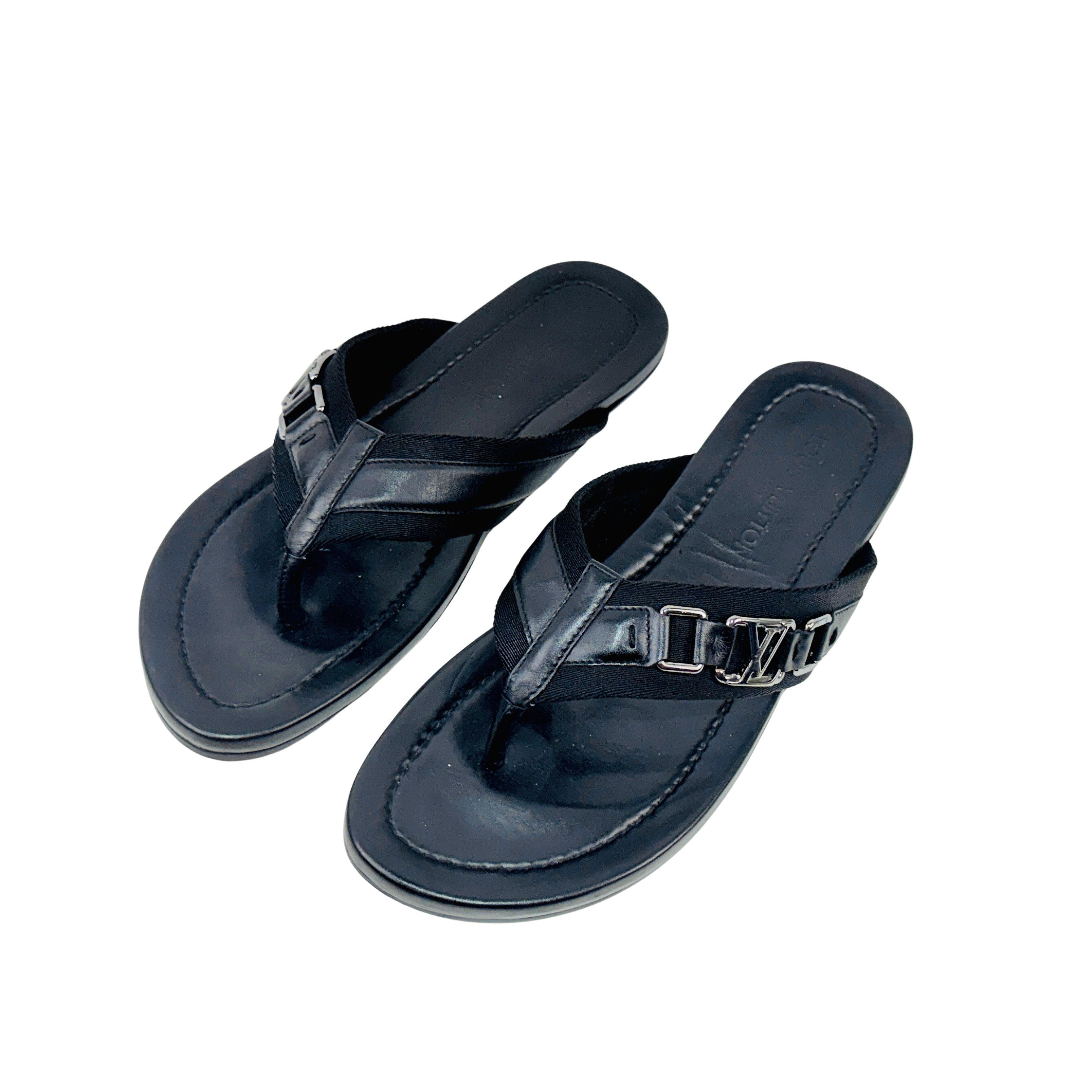 LOUIS VUITTON Black Leather & Canvas Straps Thong Sandals/Slipers/Slides (Size 44)