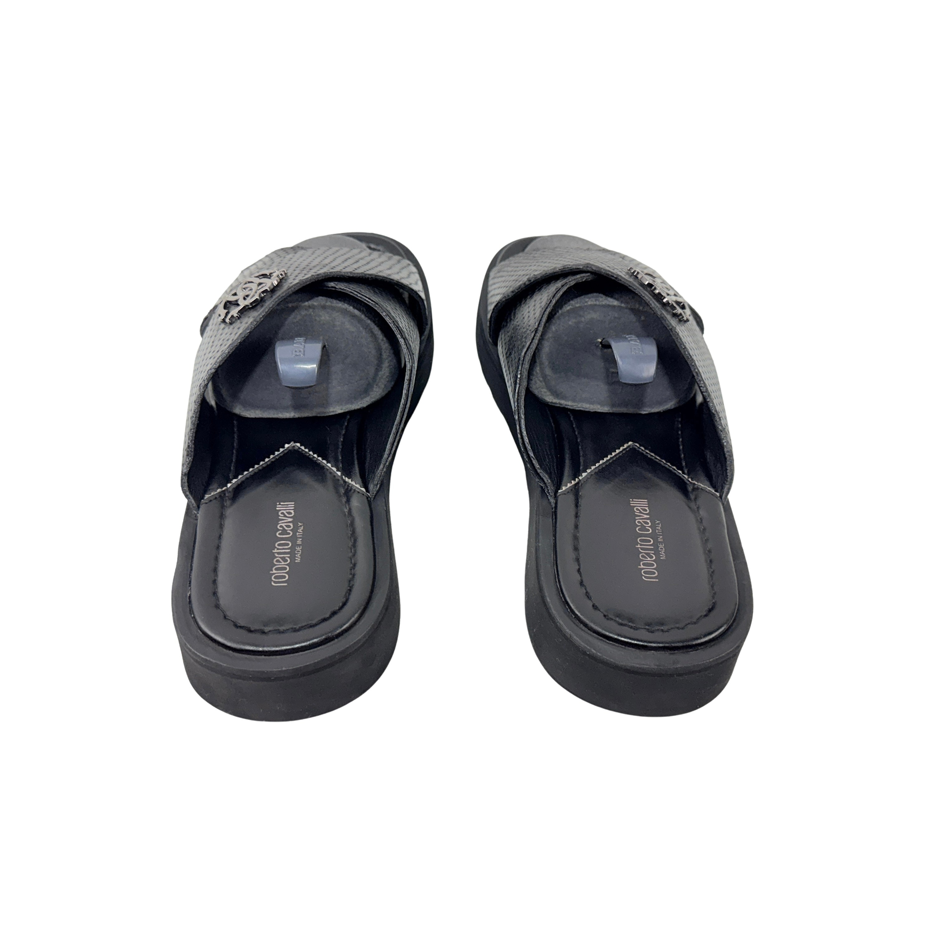 ROBERTO CAVALLI Men’s Black Snakeskin Leather Slippers/sandals/Slides (Size 42)