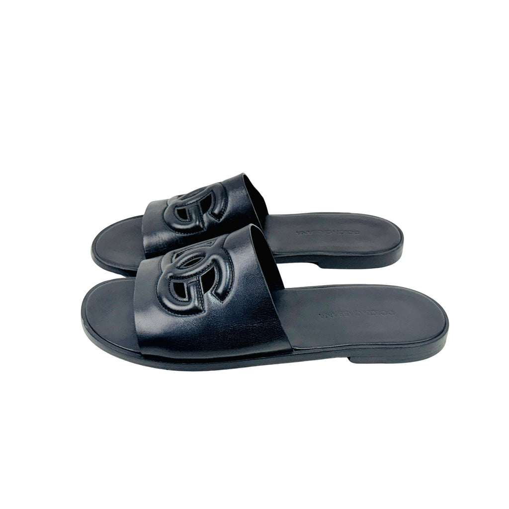 DOLCE & GABBANA 3D DG Logo Black Leather Slippers/Slides/Sandles (Size 44)