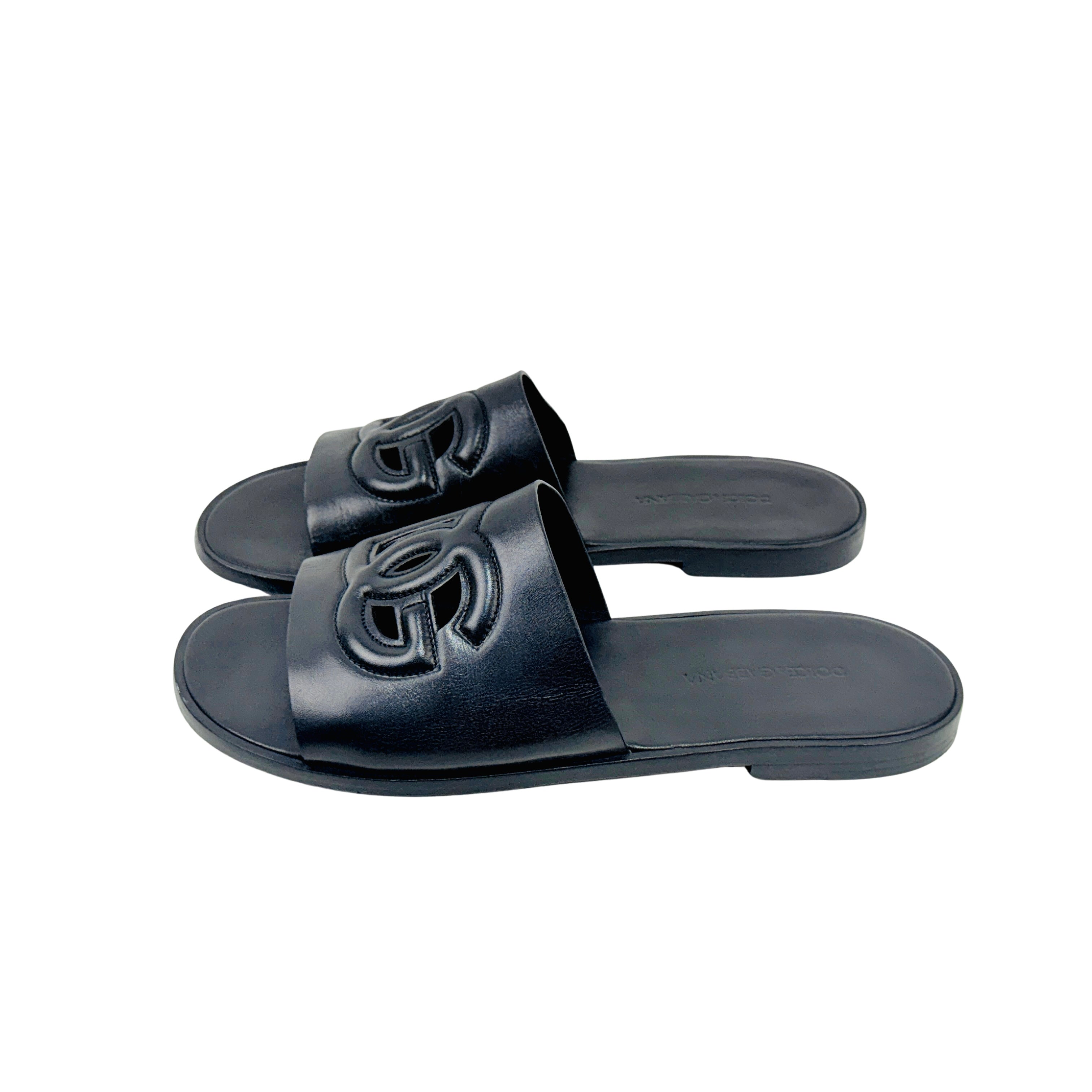 DOLCE & GABBANA 3D DG Logo Black Leather Slippers/Slides/Sandles (Size 44)