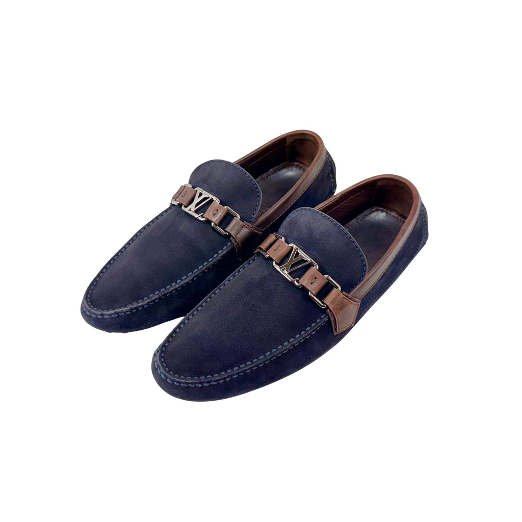 LOUIS VUITTON Hockenheim Loafers/Moccasins in navy blue suede with brown leather (Size 42)