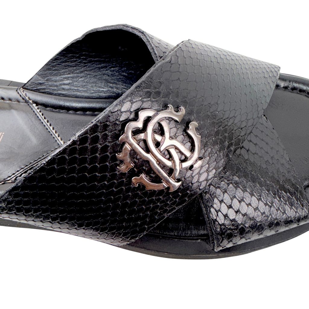 ROBERTO CAVALLI Men’s Black Snakeskin Leather Slippers/sandals/Slides (Size 42)