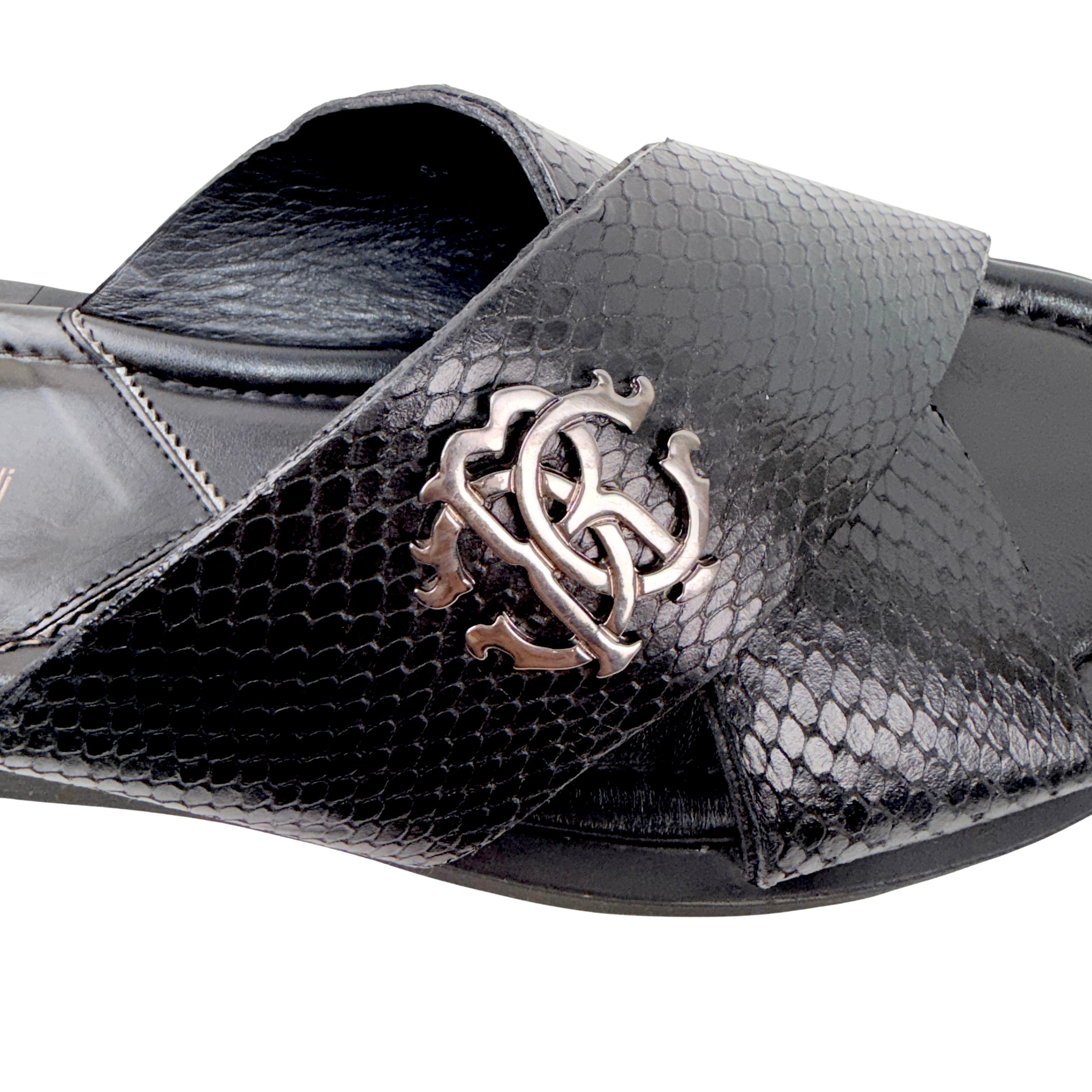 ROBERTO CAVALLI Men’s Black Snakeskin Leather Slippers/sandals/Slides (Size 42)