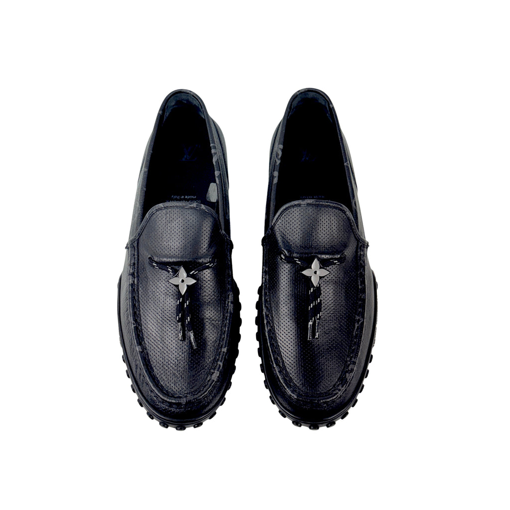 LOUIS VUITTON LV Racer Moccasins/Loafers (Size 45) crafted from supple, perforated calf leather with coordinating Monogram-canvas