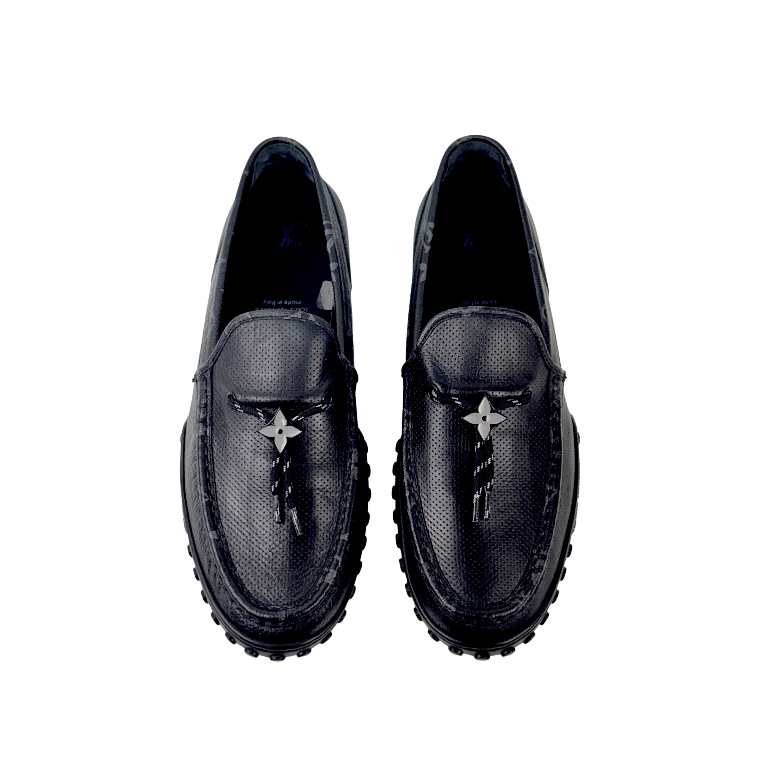 LOUIS VUITTON LV Racer Moccasins/Loafers (Size 45) crafted from supple, perforated calf leather with coordinating Monogram-canvas