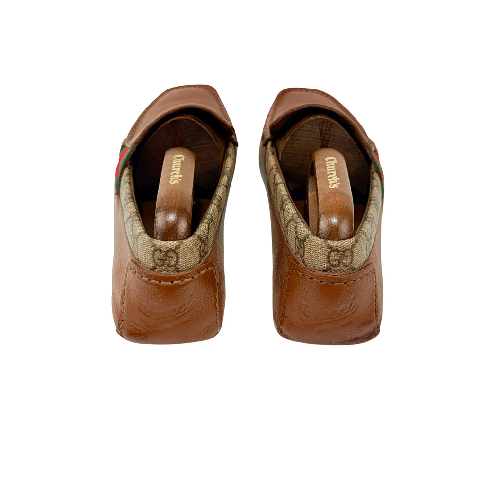 GUCCI Brown Leather And GG Coated Canvas Web Detail Slip On Loafers/Moccasins (Size 42)