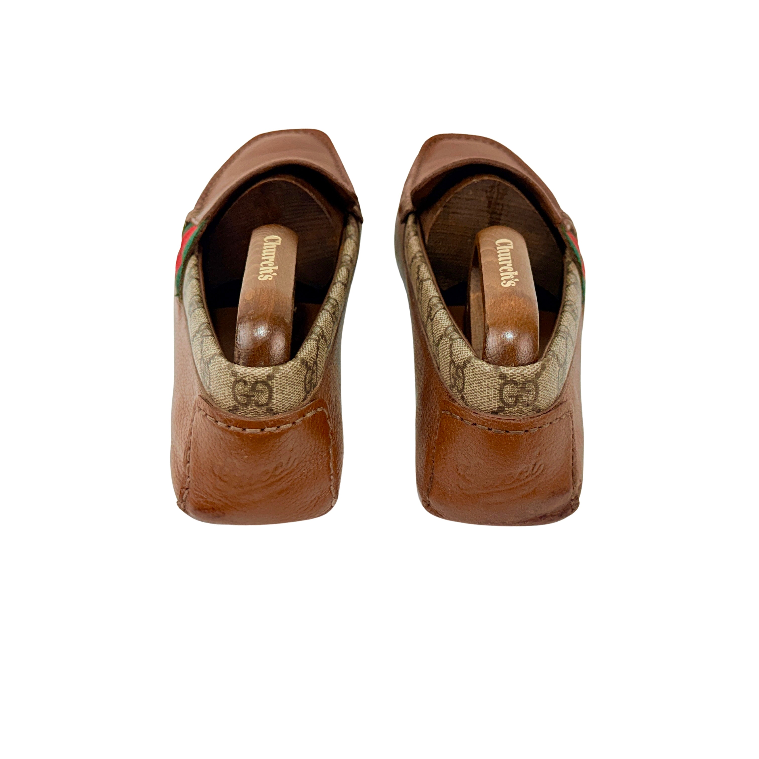 GUCCI Brown Leather And GG Coated Canvas Web Detail Slip On Loafers/Moccasins (Size 42)