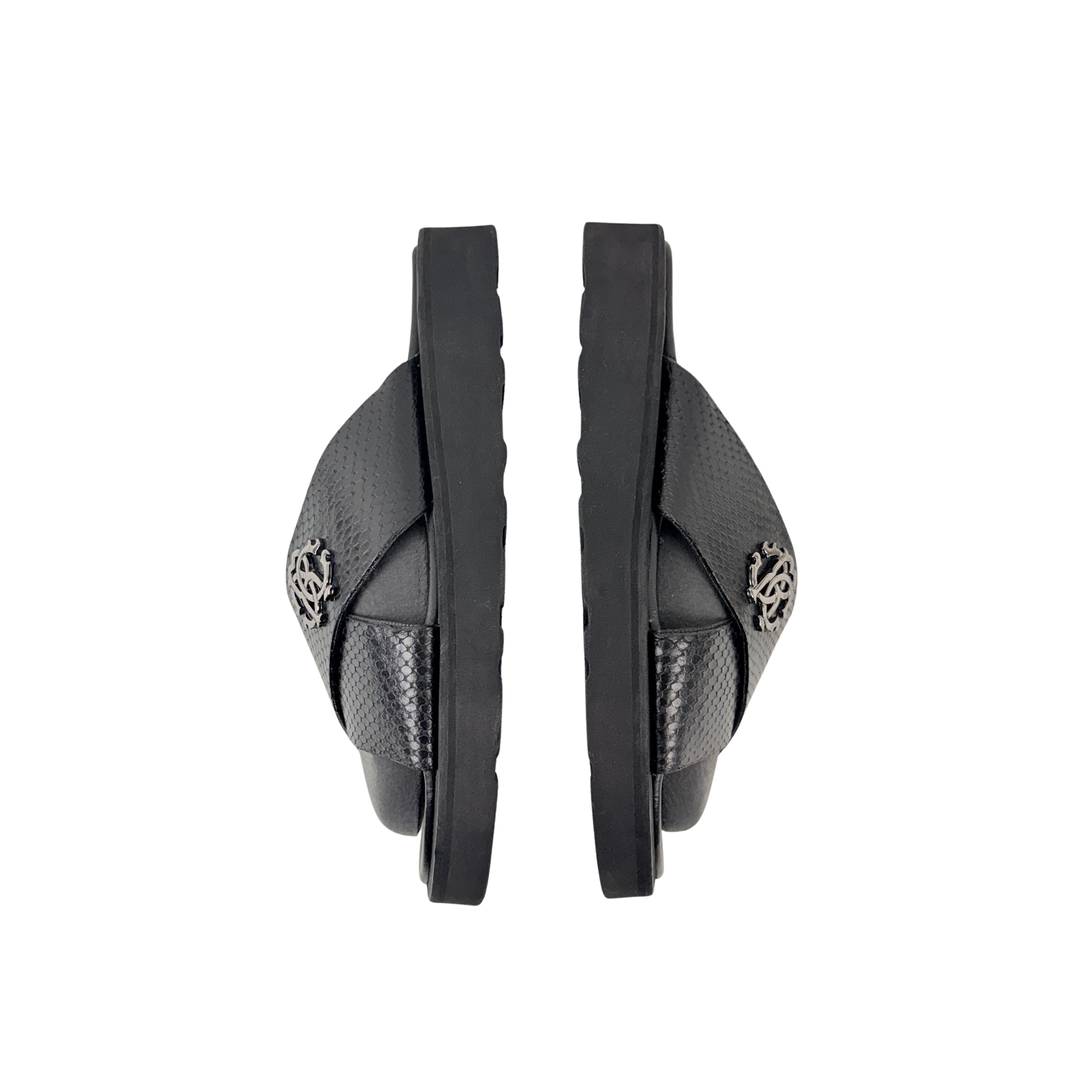 ROBERTO CAVALLI Men’s Black Snakeskin Leather Slippers/sandals/Slides (Size 42)