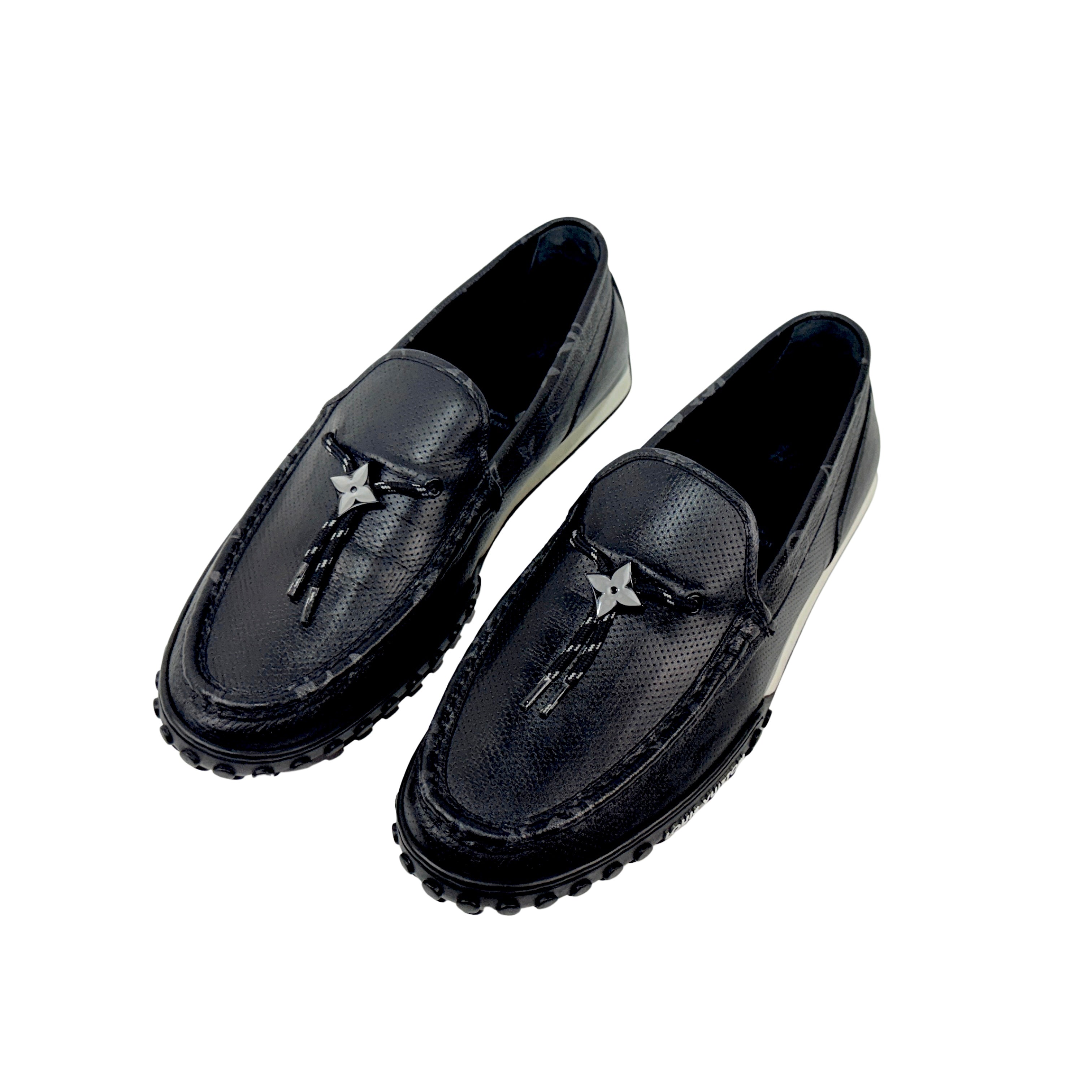 LOUIS VUITTON LV Racer Moccasins/Loafers (Size 45) crafted from supple, perforated calf leather with coordinating Monogram-canvas