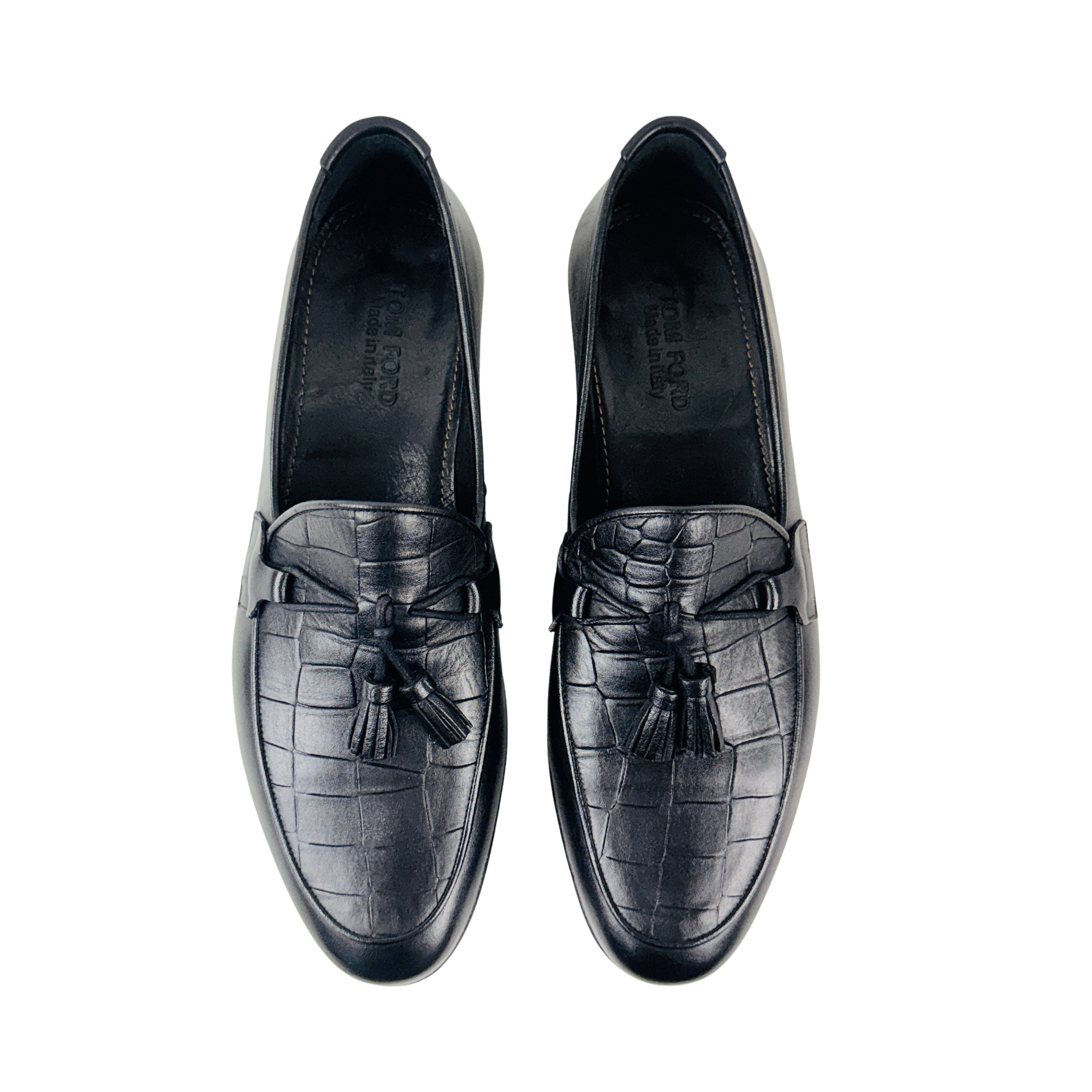 TOM FORD Tassel Loafers/Moccasins Crafted From Black Embossed Leather (Size 40)