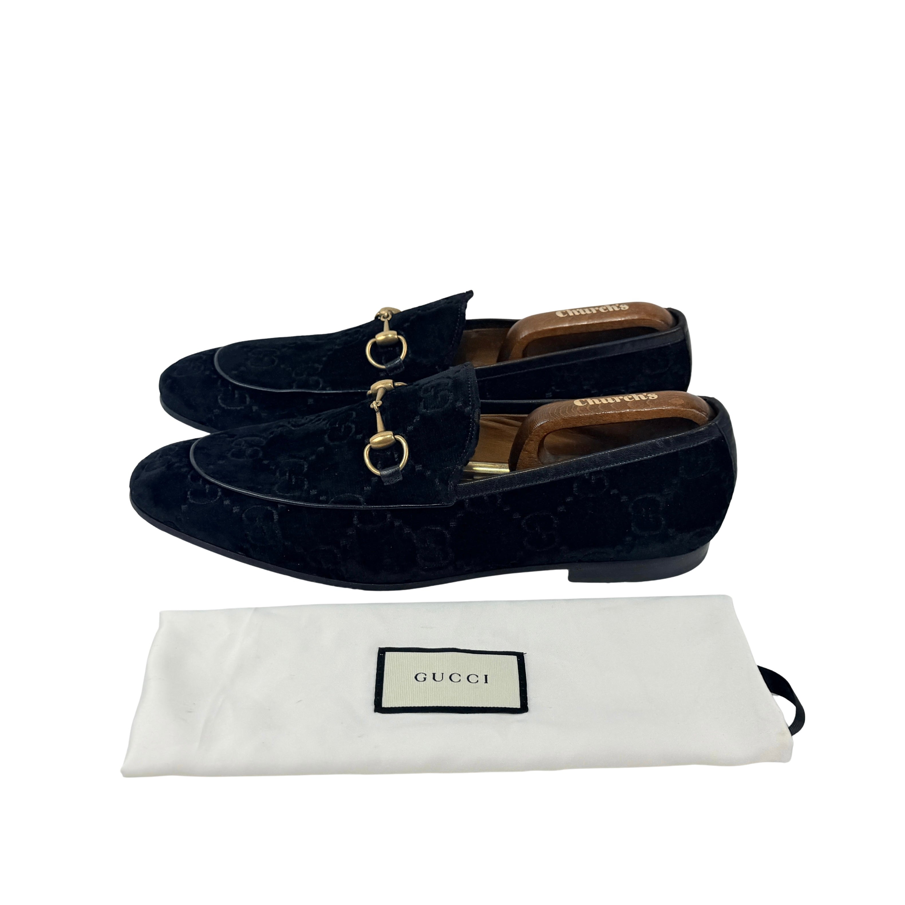 GUCCI New Jordan Horsebit Leather-Trimmed Logo Embroidered-Black Velvet Loafers/Moccasins (Size 46)
