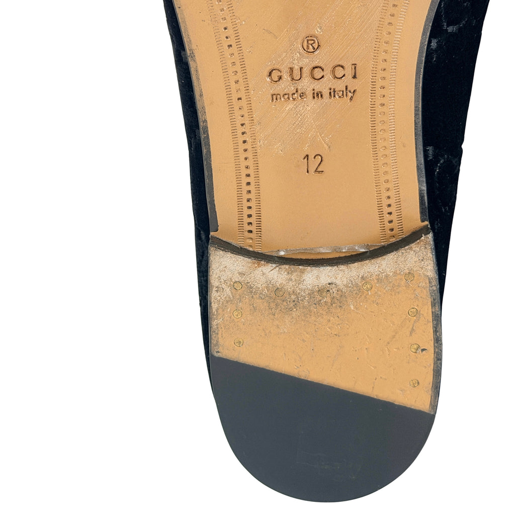 GUCCI New Jordan Horsebit Leather-Trimmed Logo Embroidered-Black Velvet Loafers/Moccasins (Size 46)