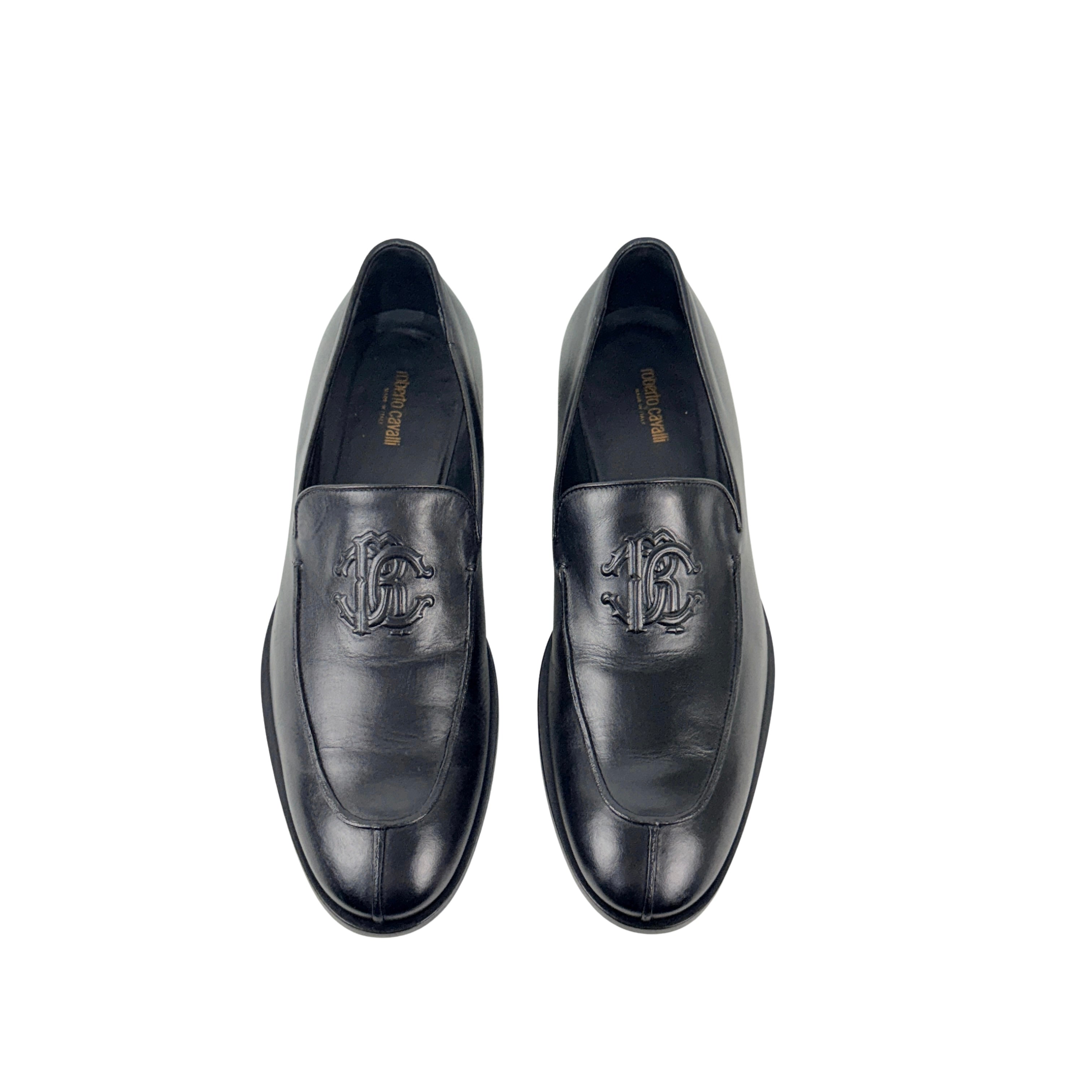 ROBERTO CAVALLI Men’s Black Leather With RC Monogram Loafers/Moccasins(Size 43)