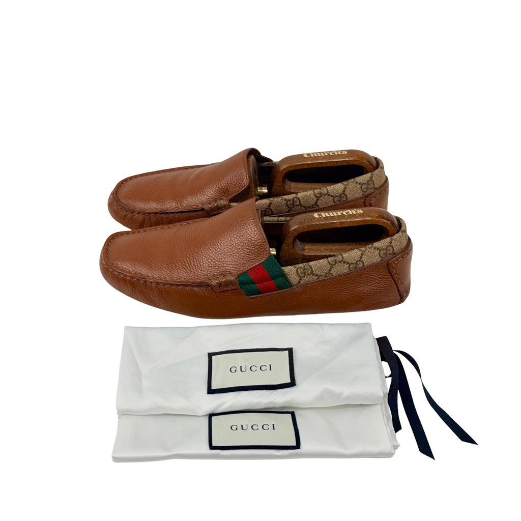 GUCCI Brown Leather And GG Coated Canvas Web Detail Slip On Loafers/Moccasins (Size 42)