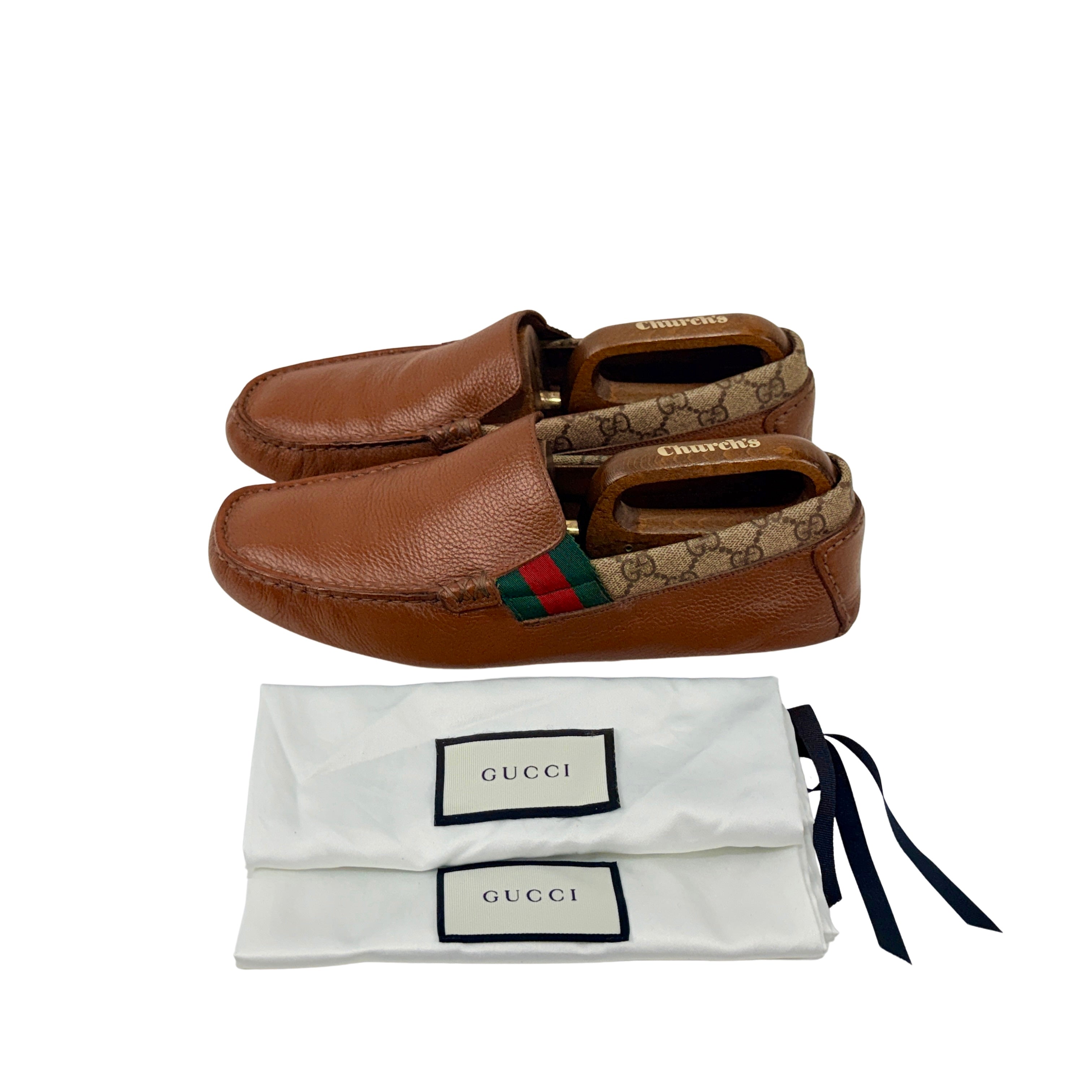 GUCCI Brown Leather And GG Coated Canvas Web Detail Slip On Loafers/Moccasins (Size 42)