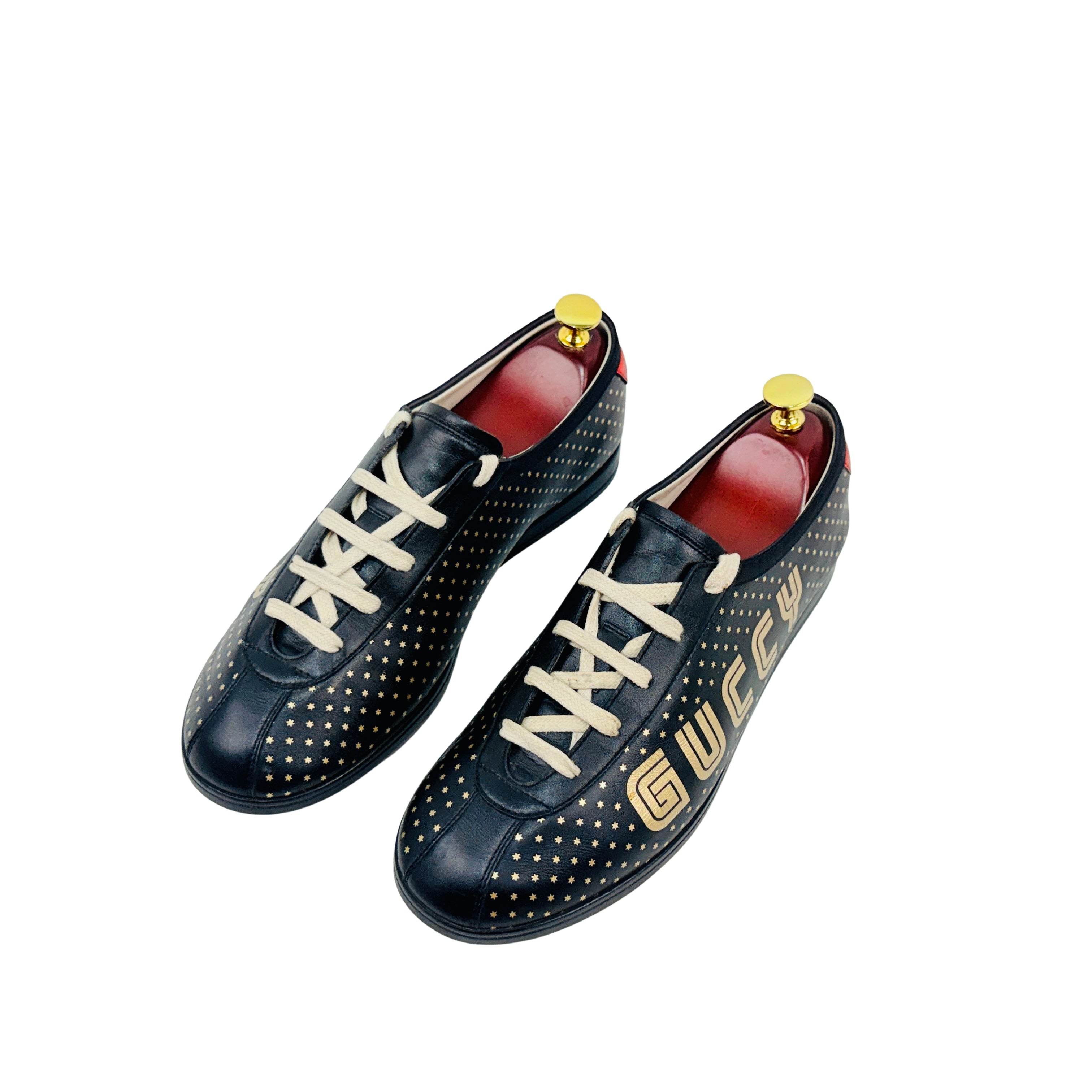 GUCCI Guccy Falacer Gold Star Print Black Leather Sneakers/Lace Up (Size 42)