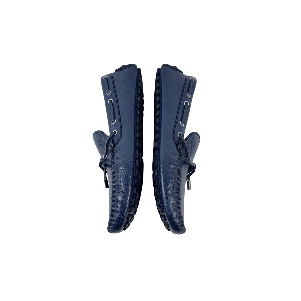 LOUIS VUITTON Arizona Driving/Loafer/Moccasins Navy Blue Taiga Leather Silver Hardware (Size 44)