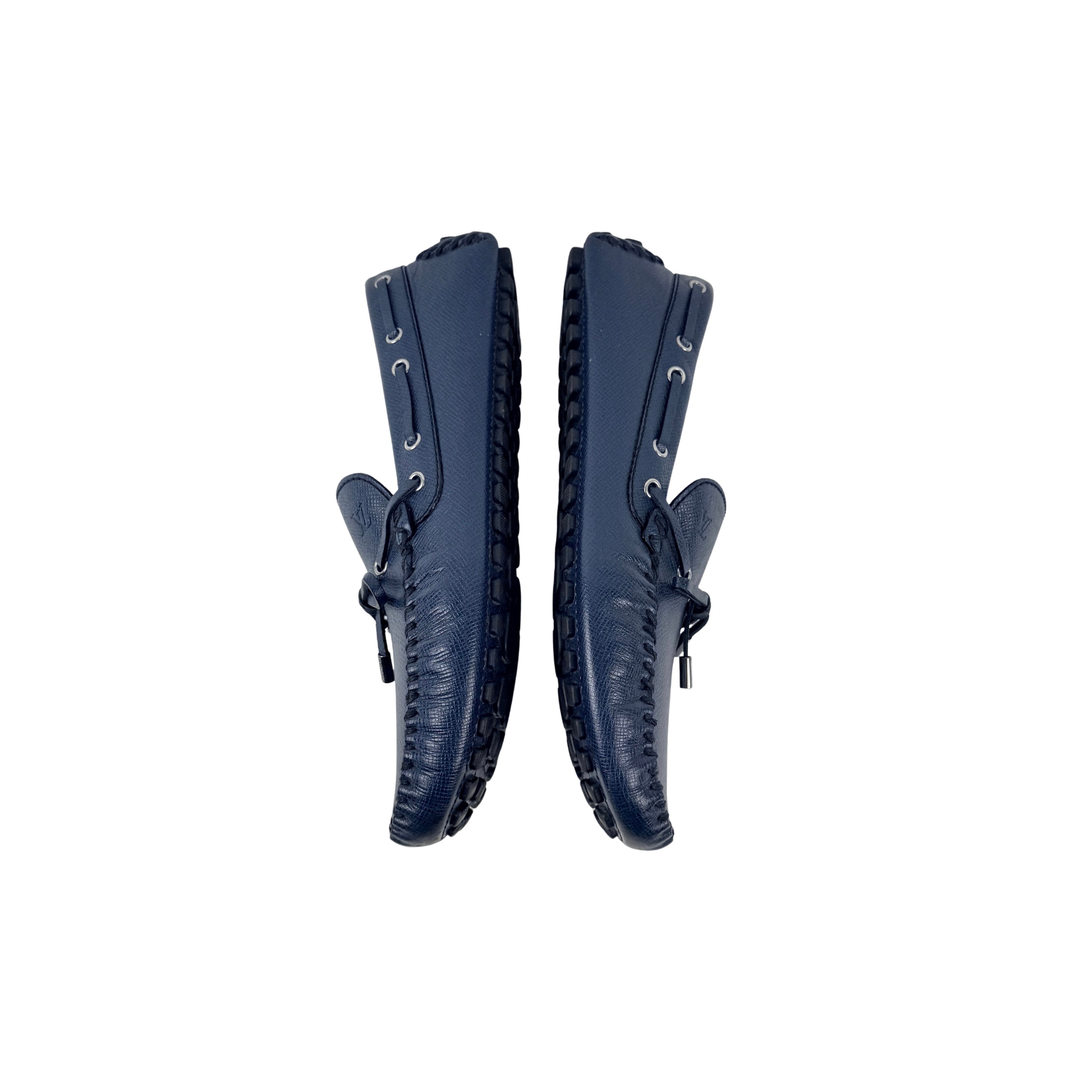 LOUIS VUITTON Arizona Driving/Loafer/Moccasins Navy Blue Taiga Leather Silver Hardware (Size 44)