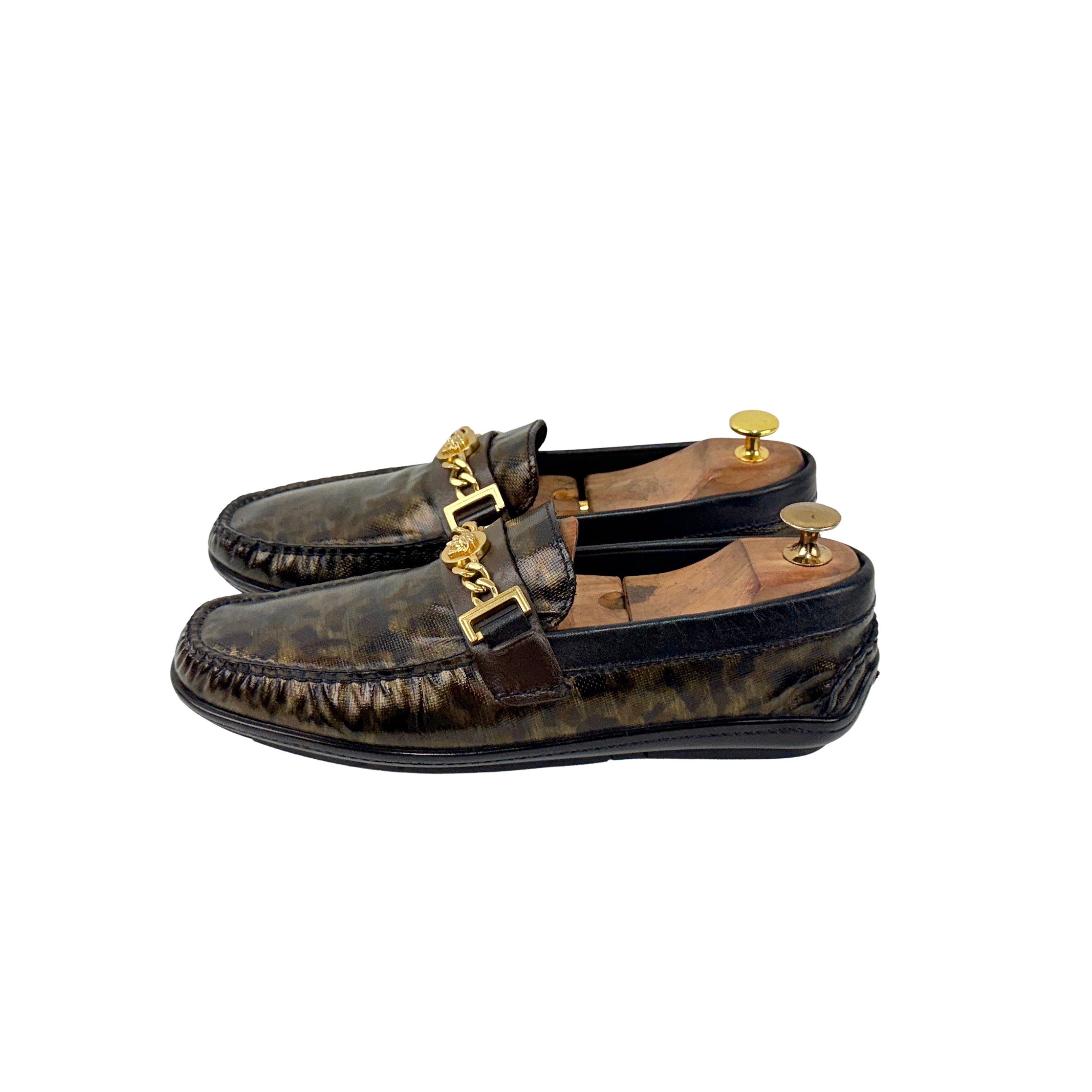 VERSACE Patent Leather Camouflage Leopard Inspired Print Leather Loafers/Moccasins (Size 42)