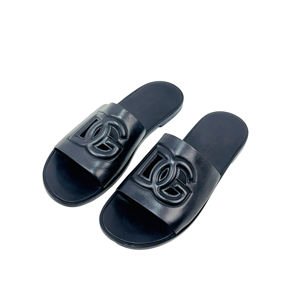 DOLCE & GABBANA 3D DG Logo Black Leather Slippers/Slides/Sandles (Size 44)