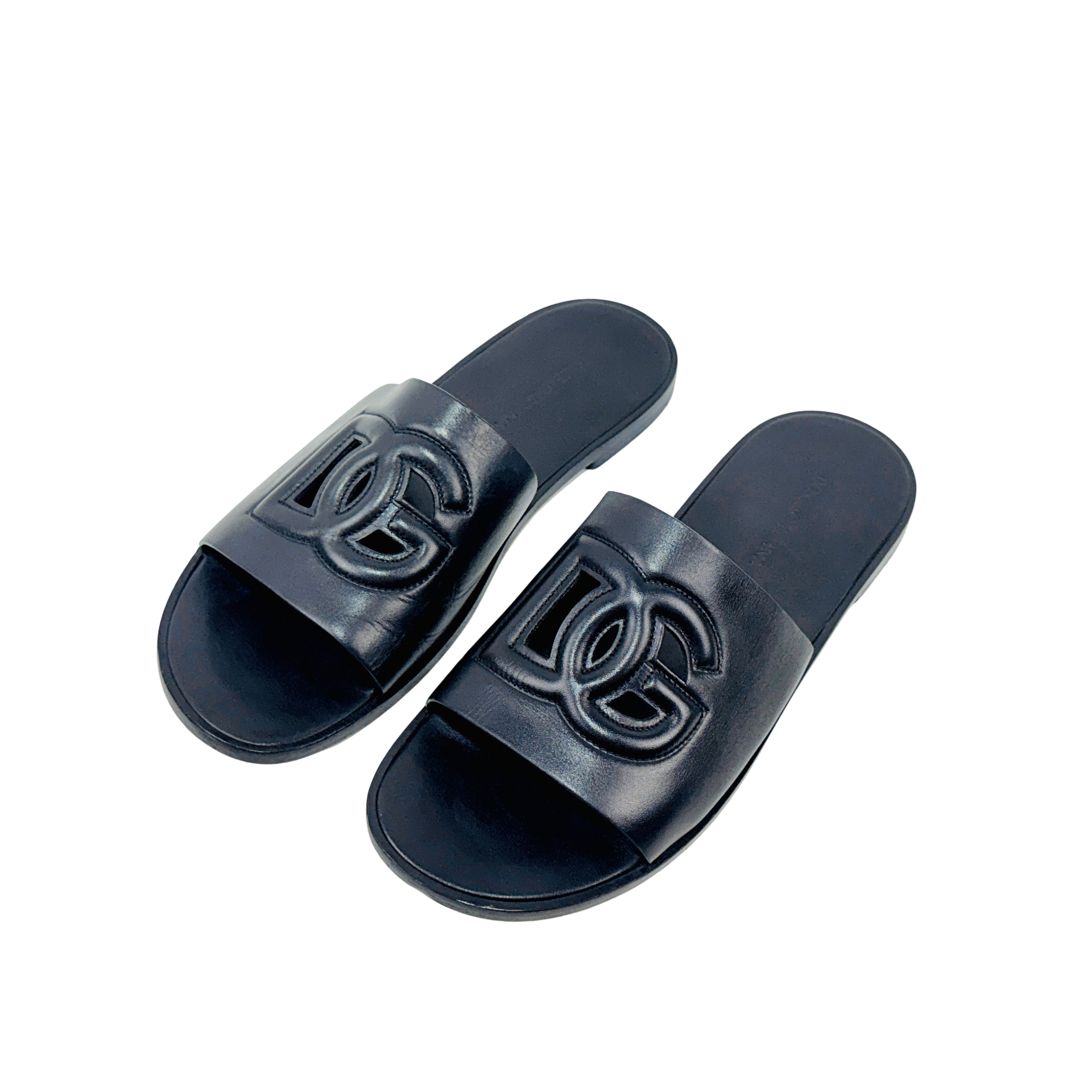 DOLCE & GABBANA 3D DG Logo Black Leather Slippers/Slides/Sandles (Size 44)