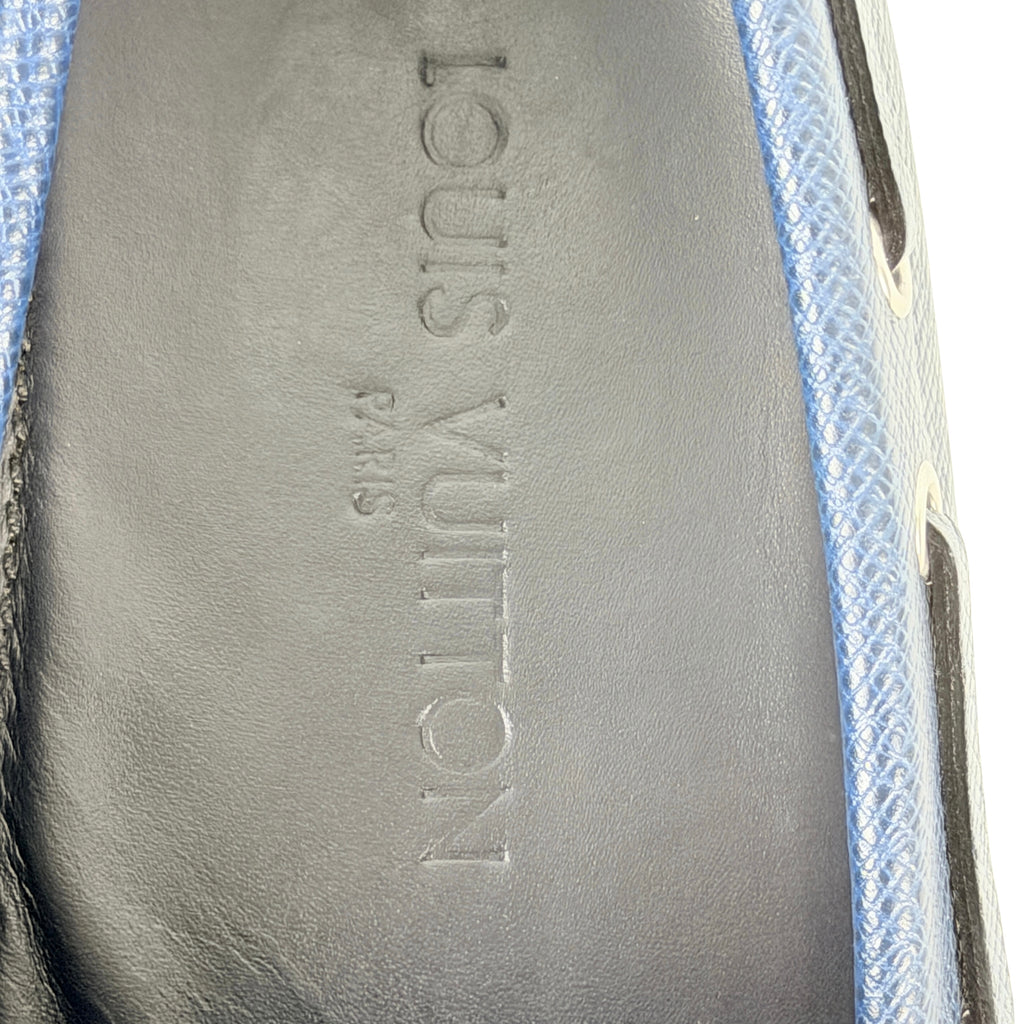 LOUIS VUITTON Arizona Driving/Loafer/Moccasins Navy Blue Taiga Leather Silver Hardware (Size 44)