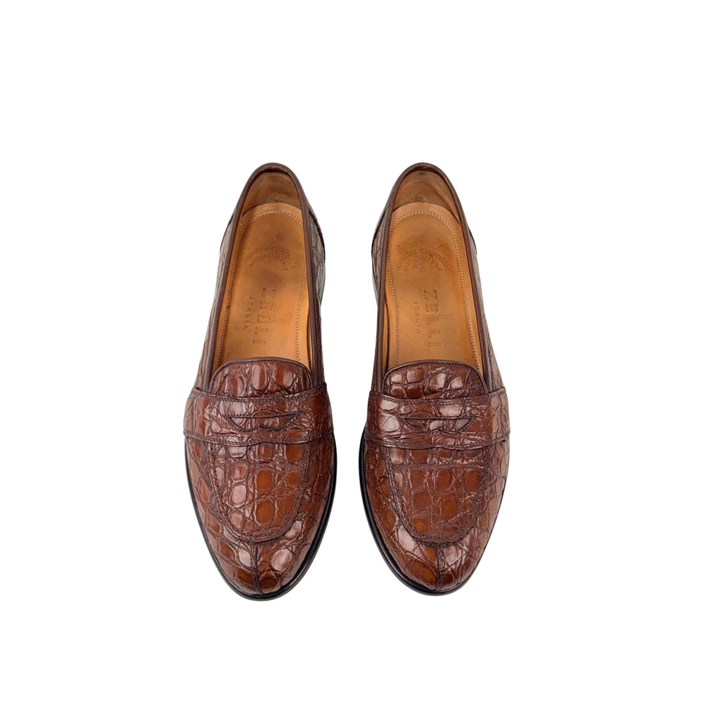 ZELLI ITALIA 119-CGN TUSCANY Crocodile Penny Loafers/Moccasins, Cognac (Size 45)