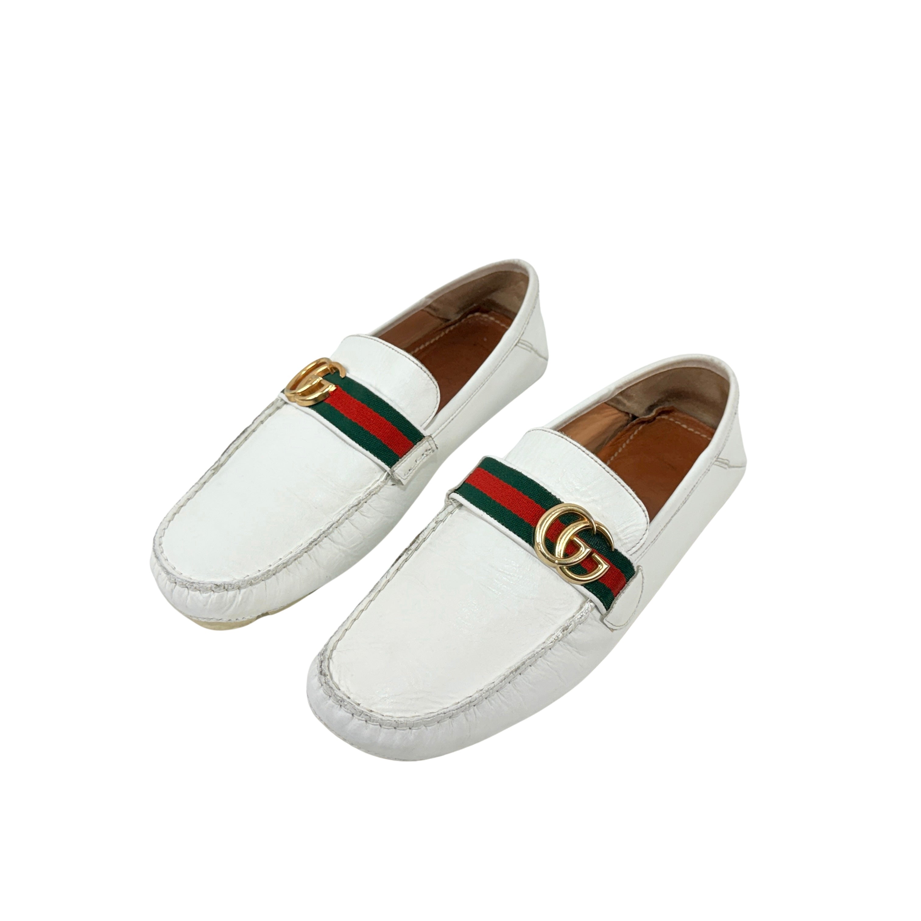 GUCCI-Web Detail Interlocking G Leather Loafers/Moccasins (Size 42)