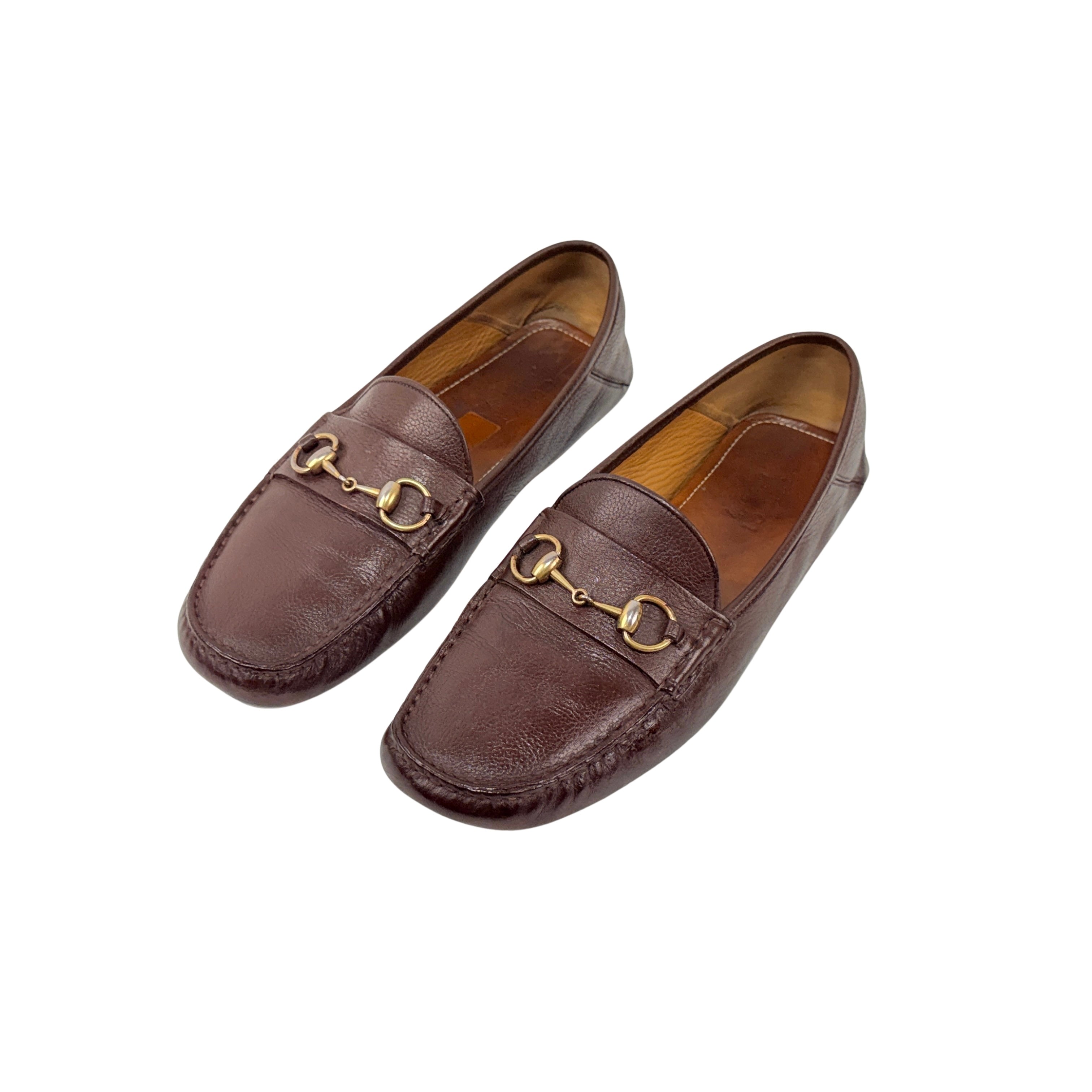GUCCI-Classic Horsebit Grained Leather - Slip-on - Dark Brown Loafers/Moccasins (Size 44)