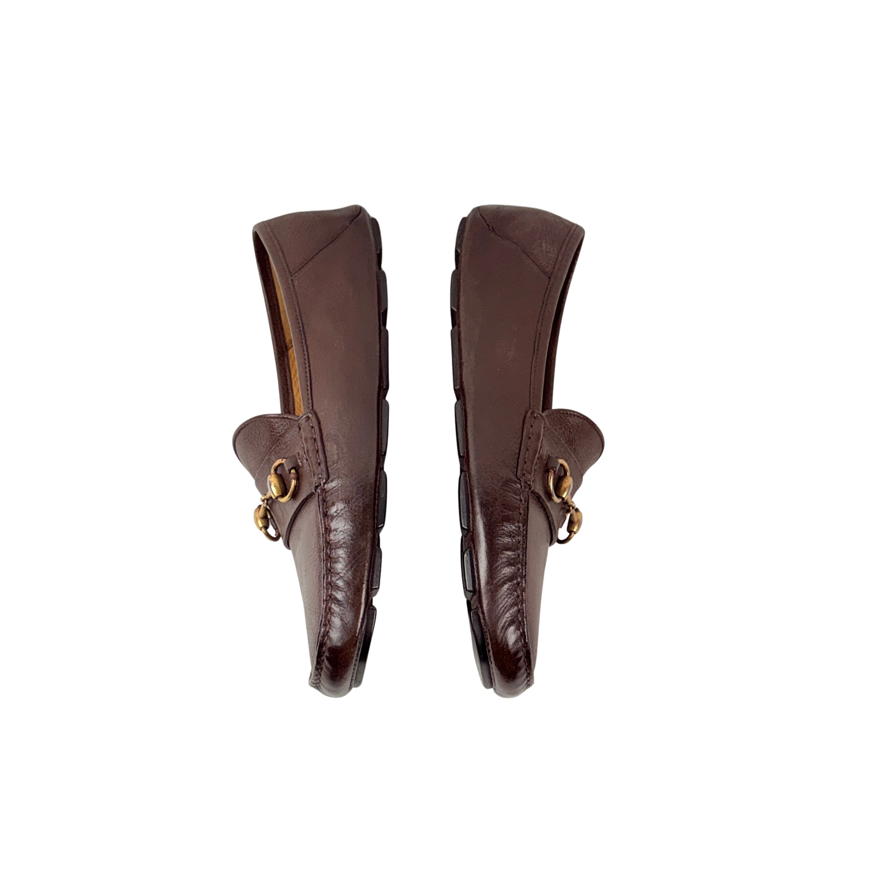 GUCCI-Classic Horsebit Grained Leather - Slip-on - Dark Brown Loafers/Moccasins (Size 44)