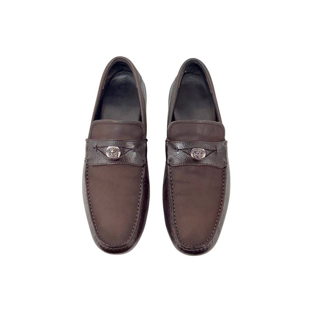 VERSACE Brown Neubic/Grain Leather Medusa Embellished Penny Slip On Loafers/Moccasins (Size 45)