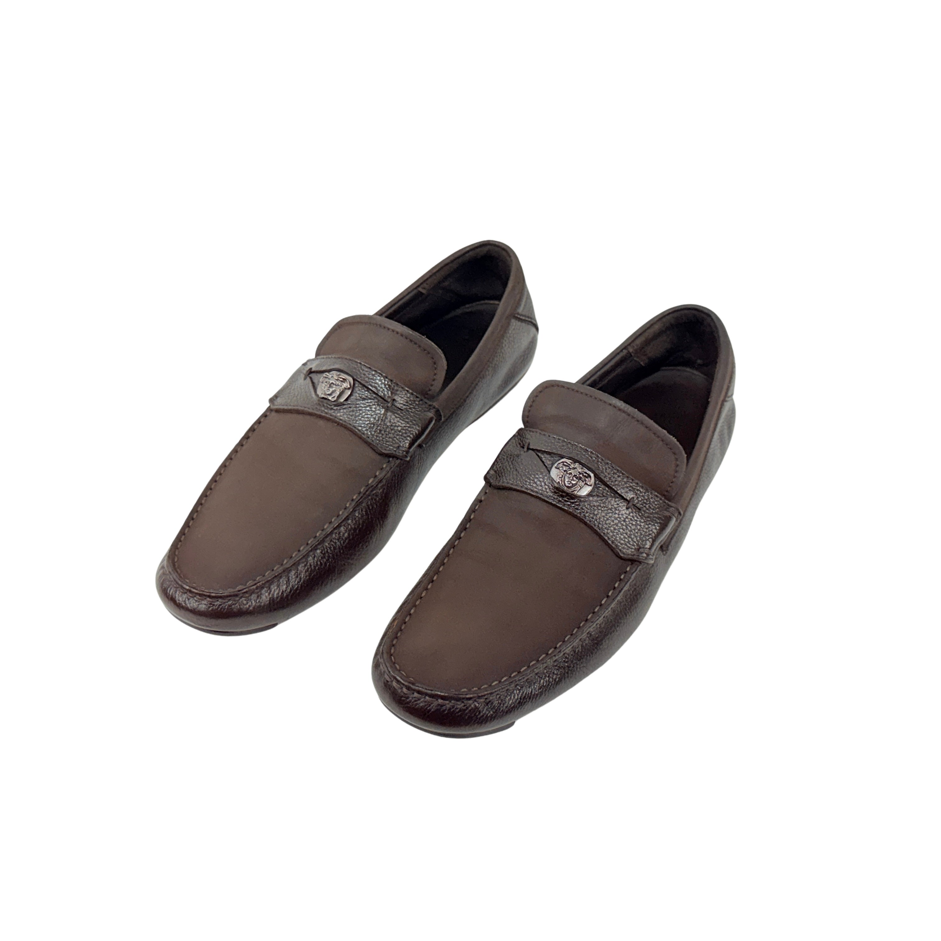 VERSACE Brown Neubic/Grain Leather Medusa Embellished Penny Slip On Loafers/Moccasins (Size 45)