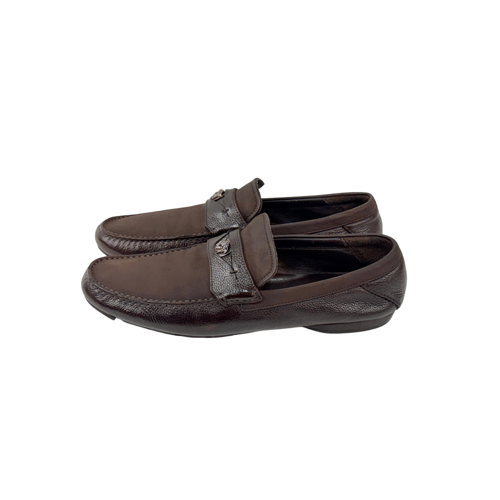 VERSACE Brown Neubic/Grain Leather Medusa Embellished Penny Slip On Loafers/Moccasins (Size 45)
