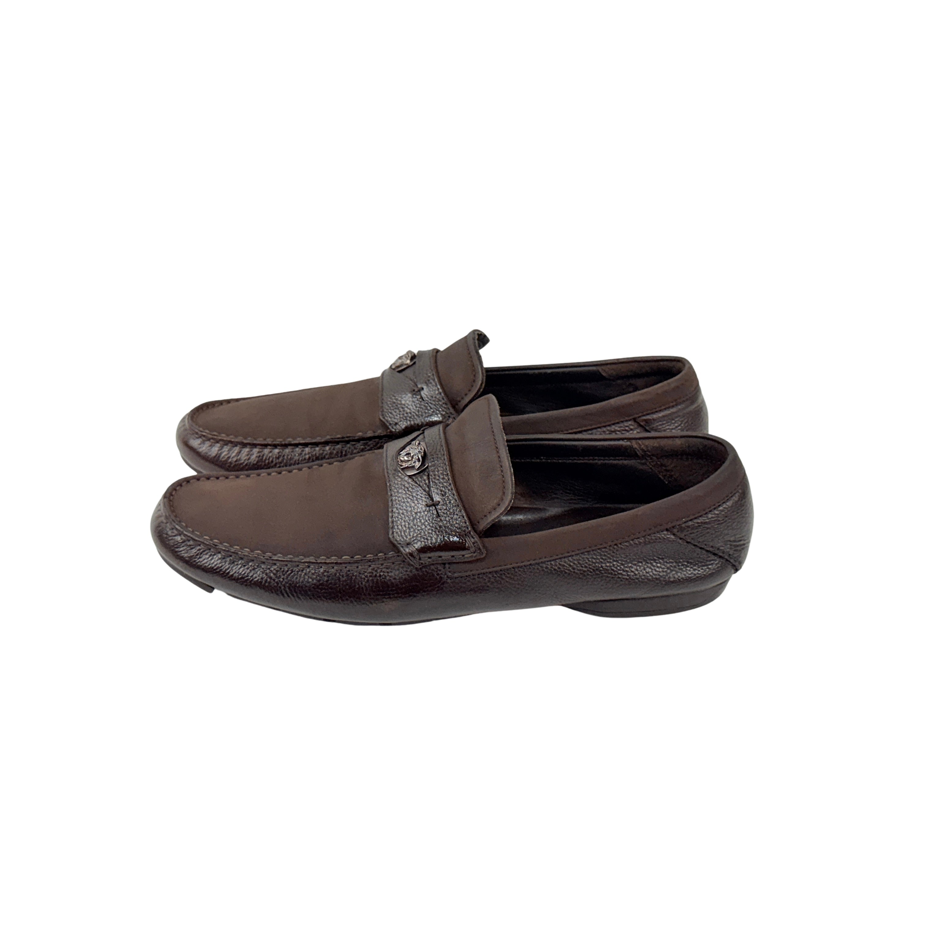 VERSACE Brown Neubic/Grain Leather Medusa Embellished Penny Slip On Loafers/Moccasins (Size 45)