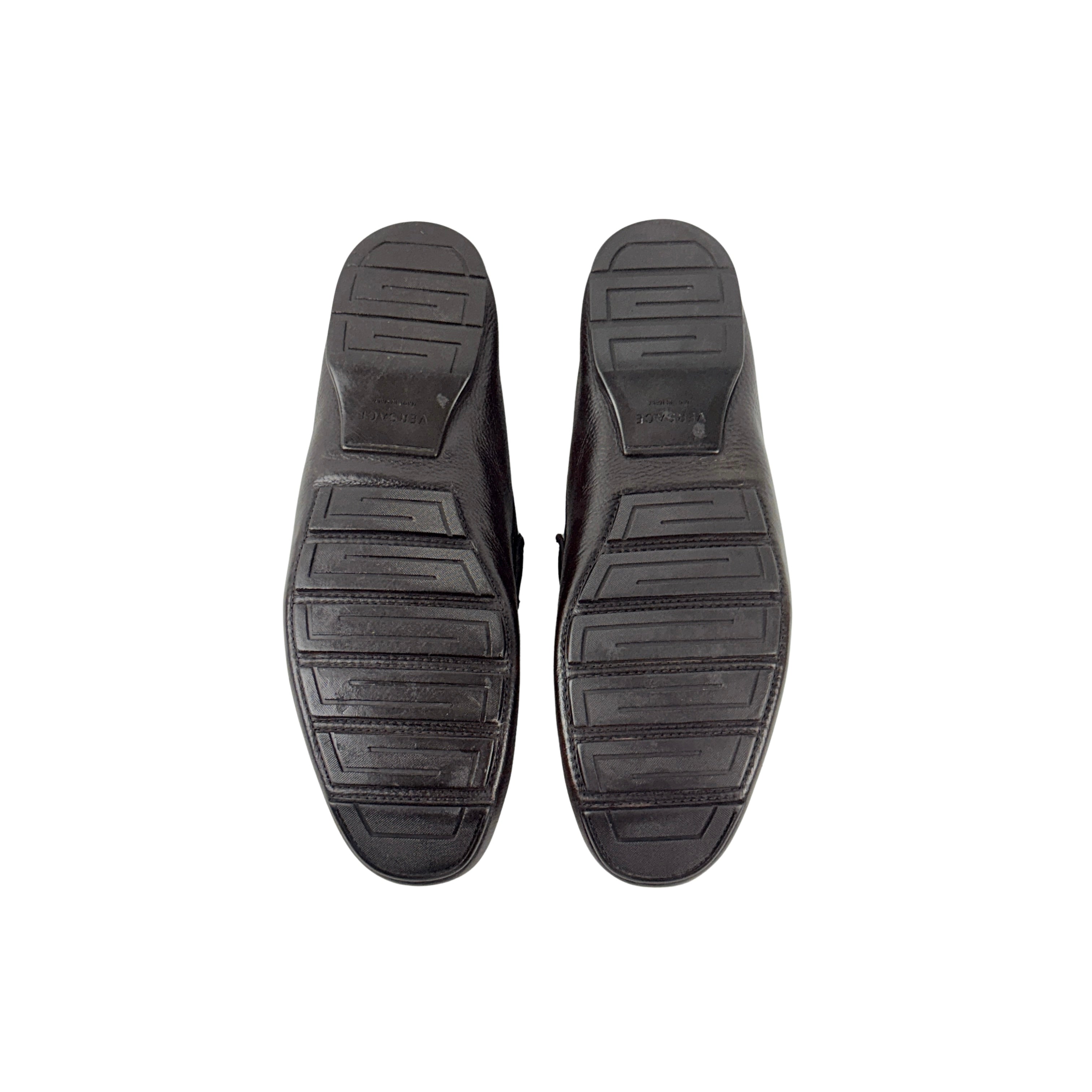 VERSACE Brown Neubic/Grain Leather Medusa Embellished Penny Slip On Loafers/Moccasins (Size 45)