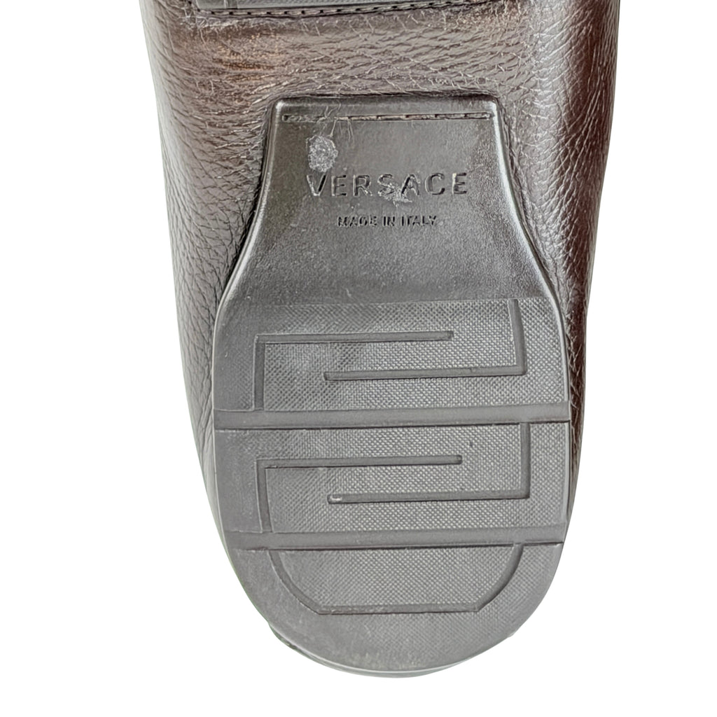 VERSACE Brown Neubic/Grain Leather Medusa Embellished Penny Slip On Loafers/Moccasins (Size 45)
