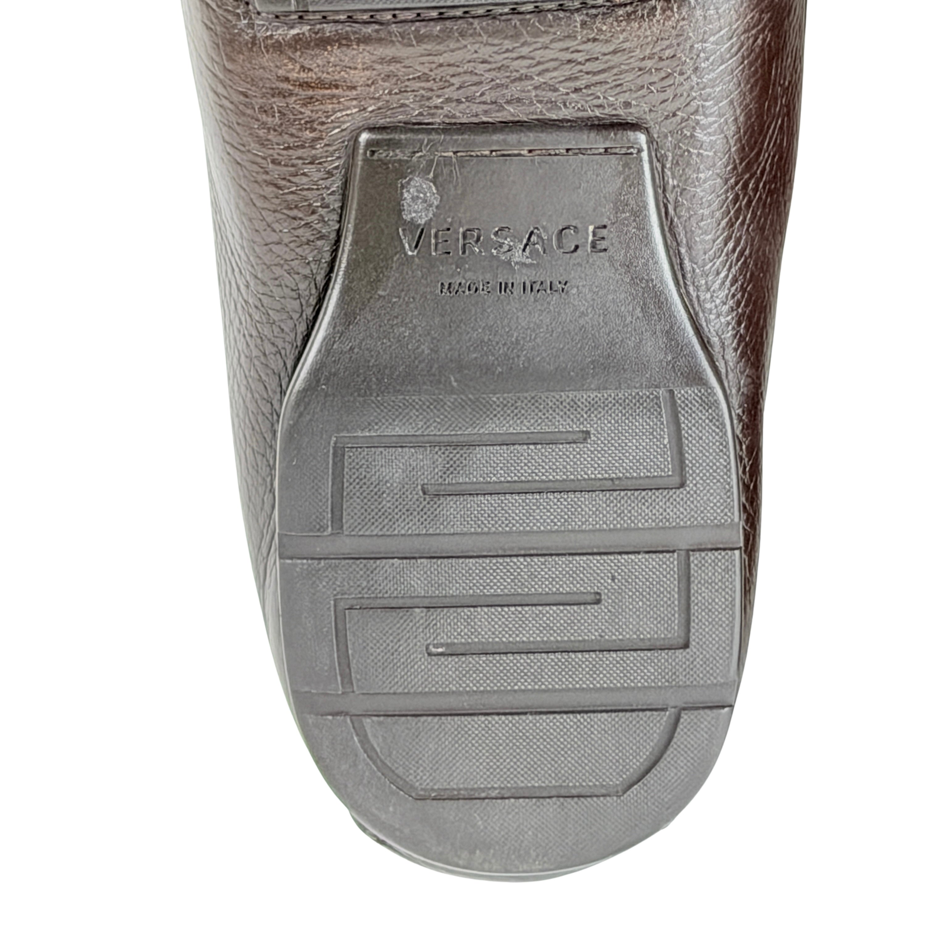 VERSACE Brown Neubic/Grain Leather Medusa Embellished Penny Slip On Loafers/Moccasins (Size 45)