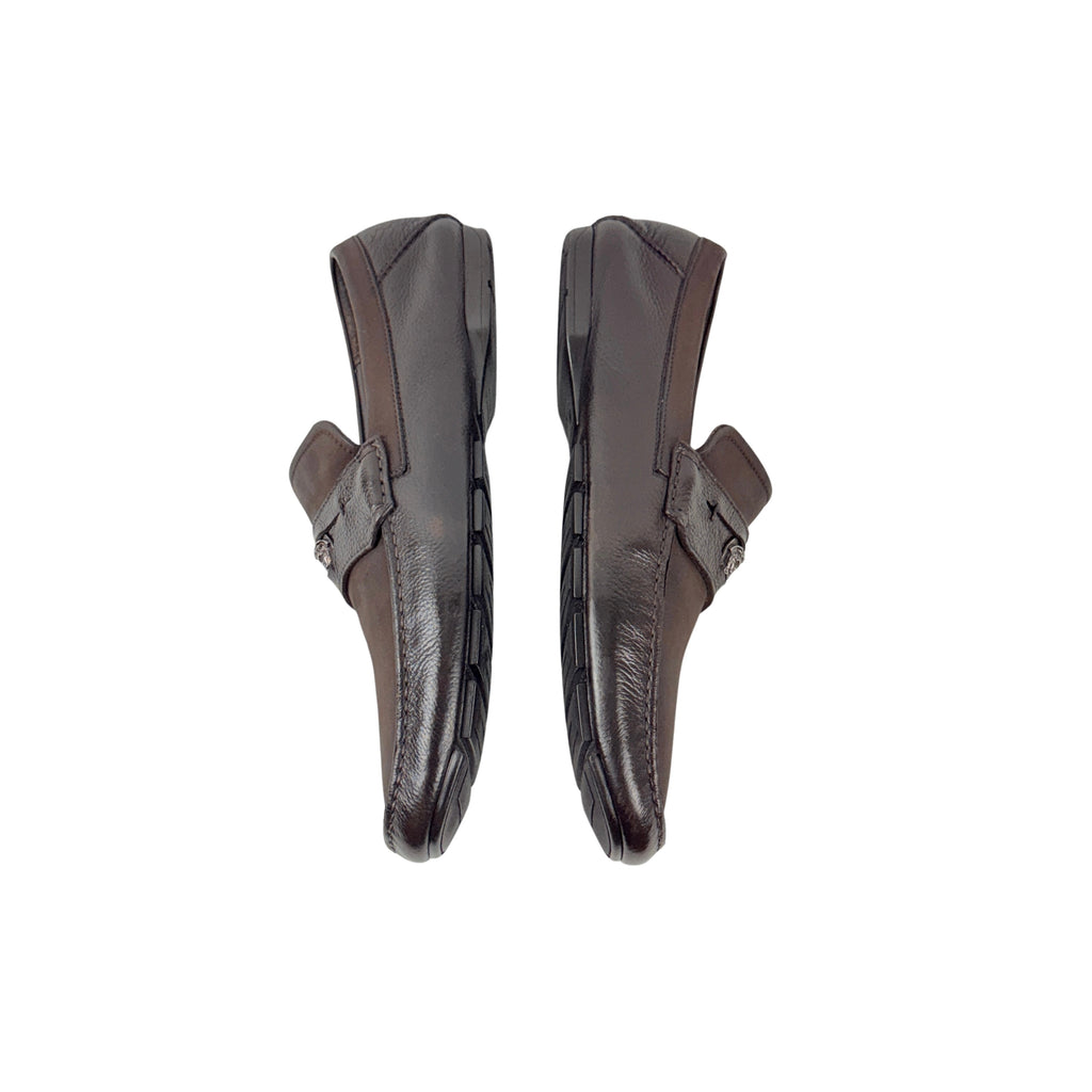 VERSACE Brown Neubic/Grain Leather Medusa Embellished Penny Slip On Loafers/Moccasins (Size 45)