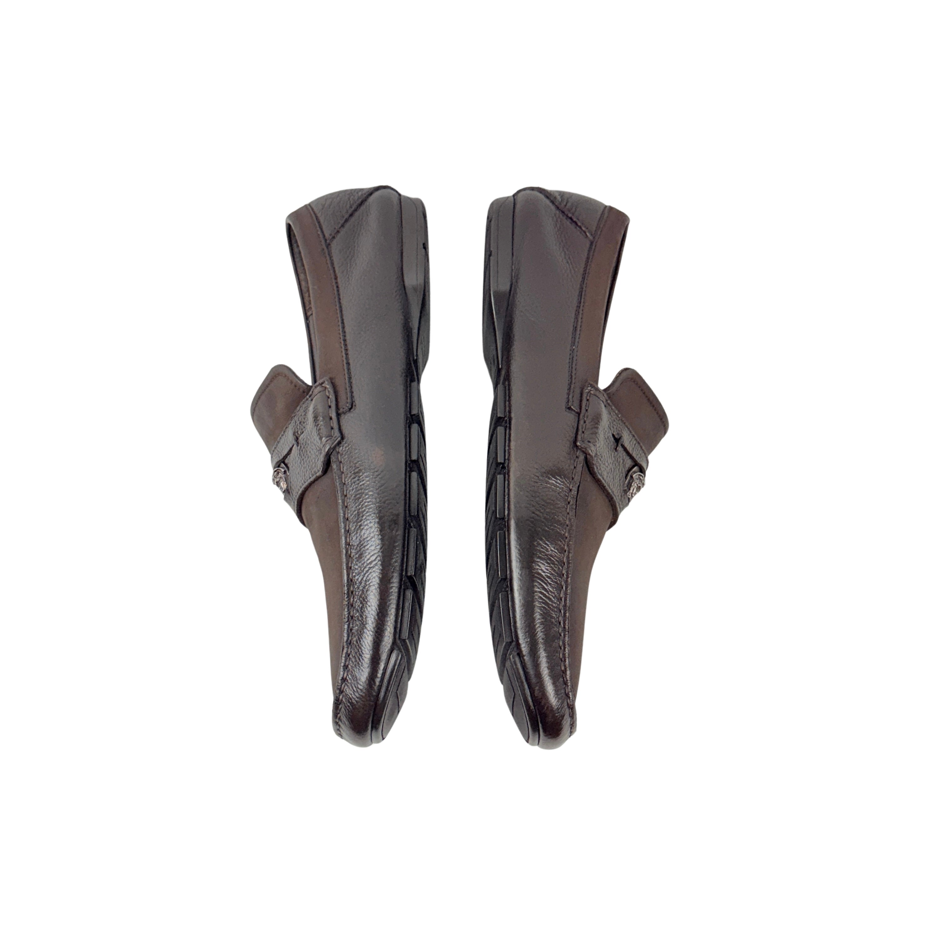 VERSACE Brown Neubic/Grain Leather Medusa Embellished Penny Slip On Loafers/Moccasins (Size 45)