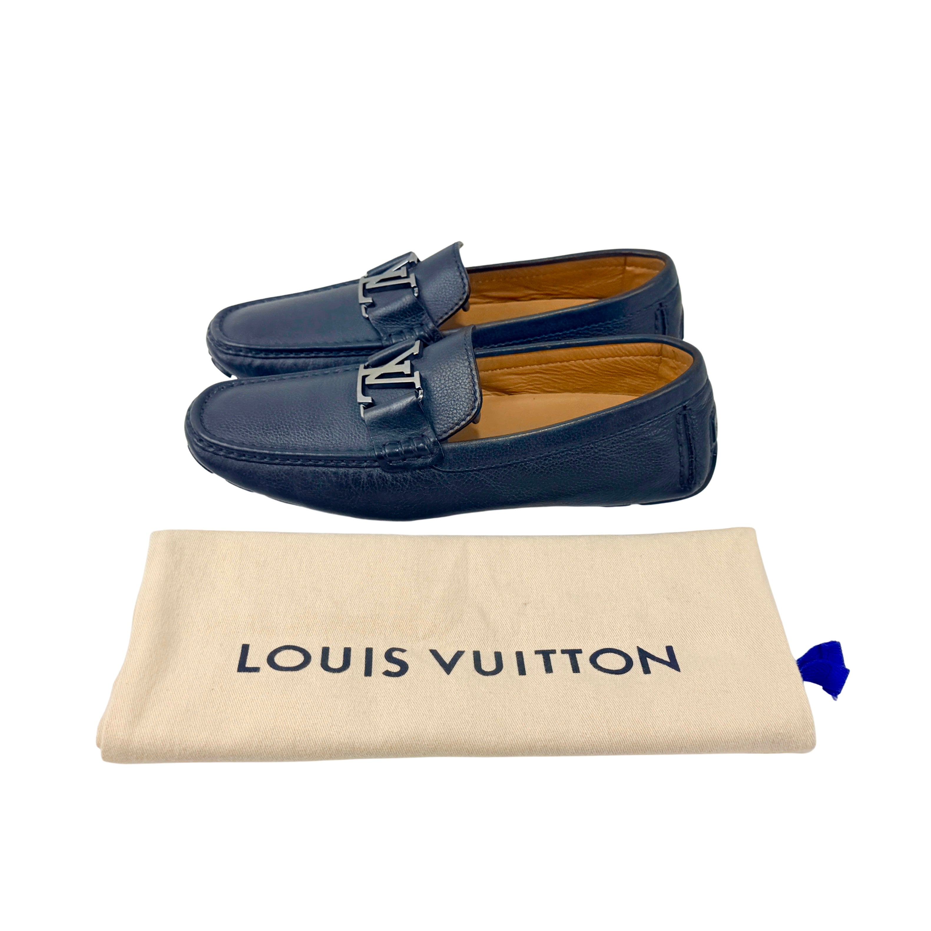 LOUIS VUITTON Monte Carlo Grained Calf Leather Navy Blue Loafers/Moccasins(Size 42)