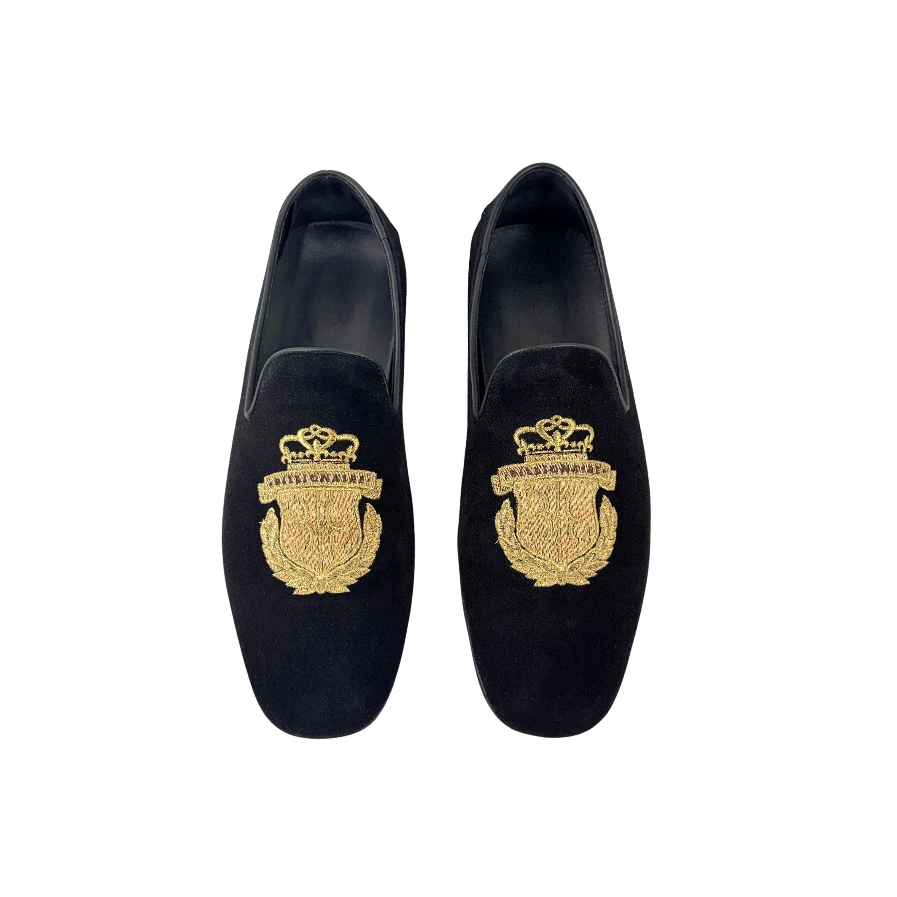 BILLIONAIRE Hand-Embroidered Coat-Of-Arms (Crest) On The Vamp Black Velvet Loafers/Moccasins (Size 41)