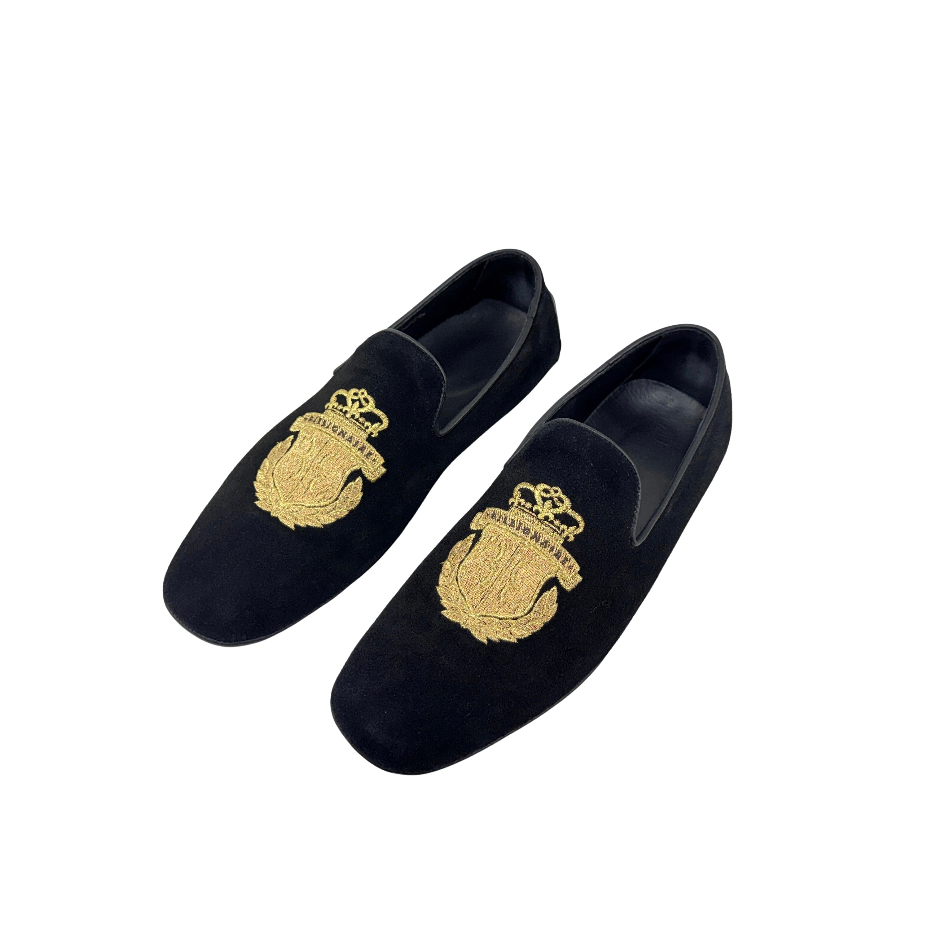 BILLIONAIRE Hand-Embroidered Coat-Of-Arms (Crest) On The Vamp Black Velvet Loafers/Moccasins (Size 41)