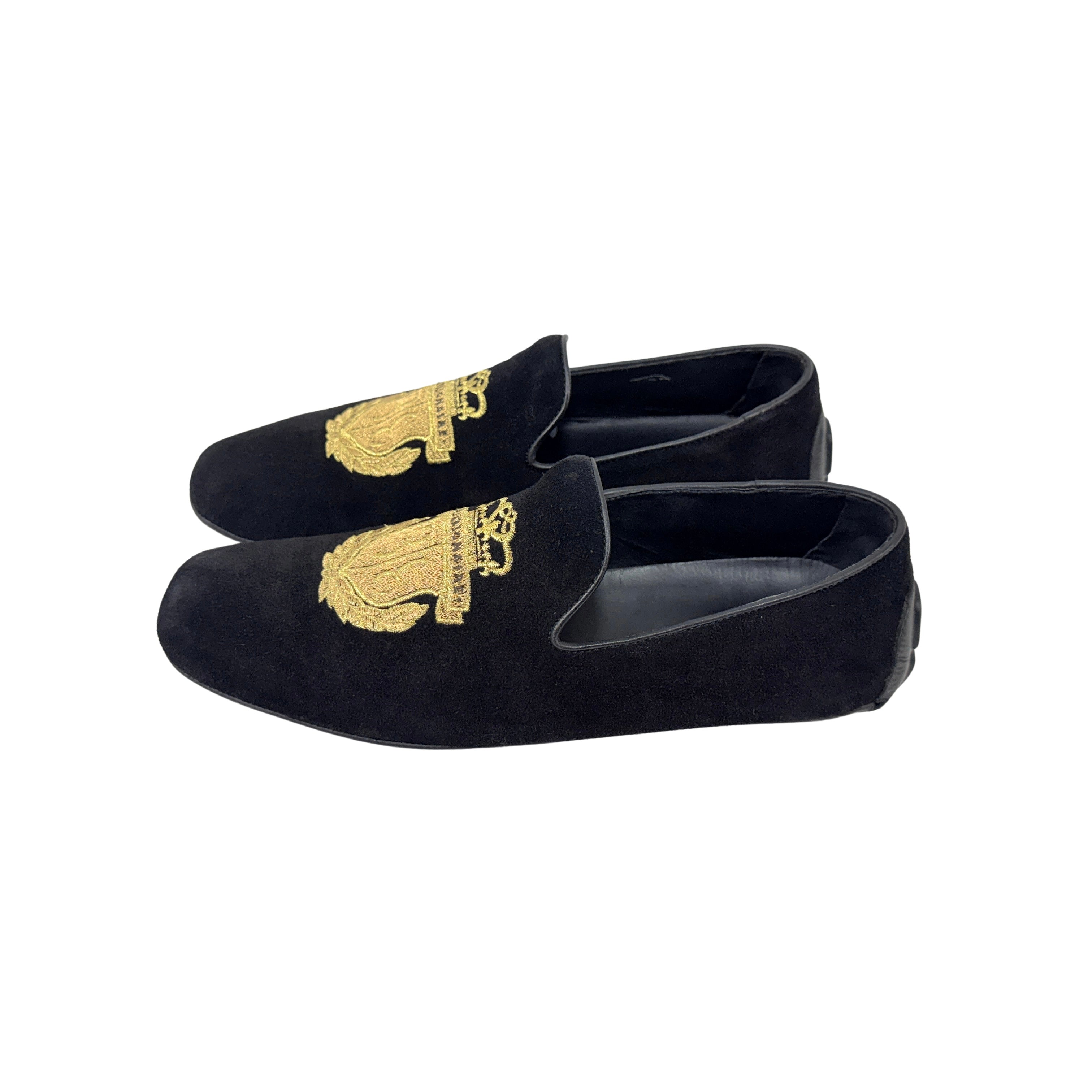BILLIONAIRE Hand-Embroidered Coat-Of-Arms (Crest) On The Vamp Black Velvet Loafers/Moccasins (Size 41)